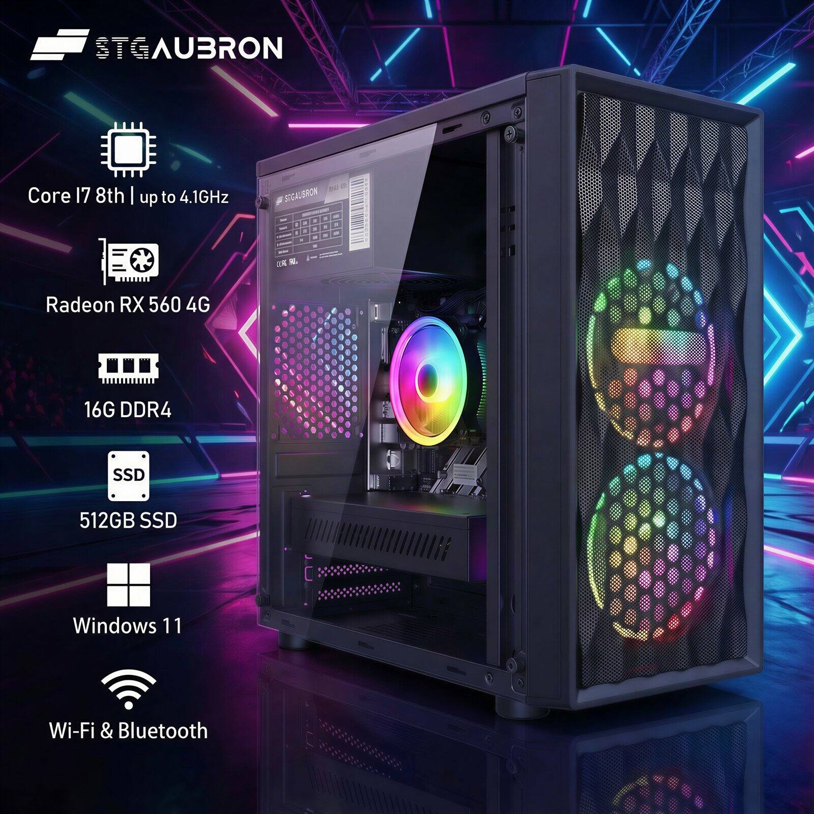 STGAUBRON Core i7 8th | up to 4.1GHz  
Radeon RX 560 4G  
16G DDR4  
512GB SSD  
Windows 11  
Wi-Fi & Bluetooth