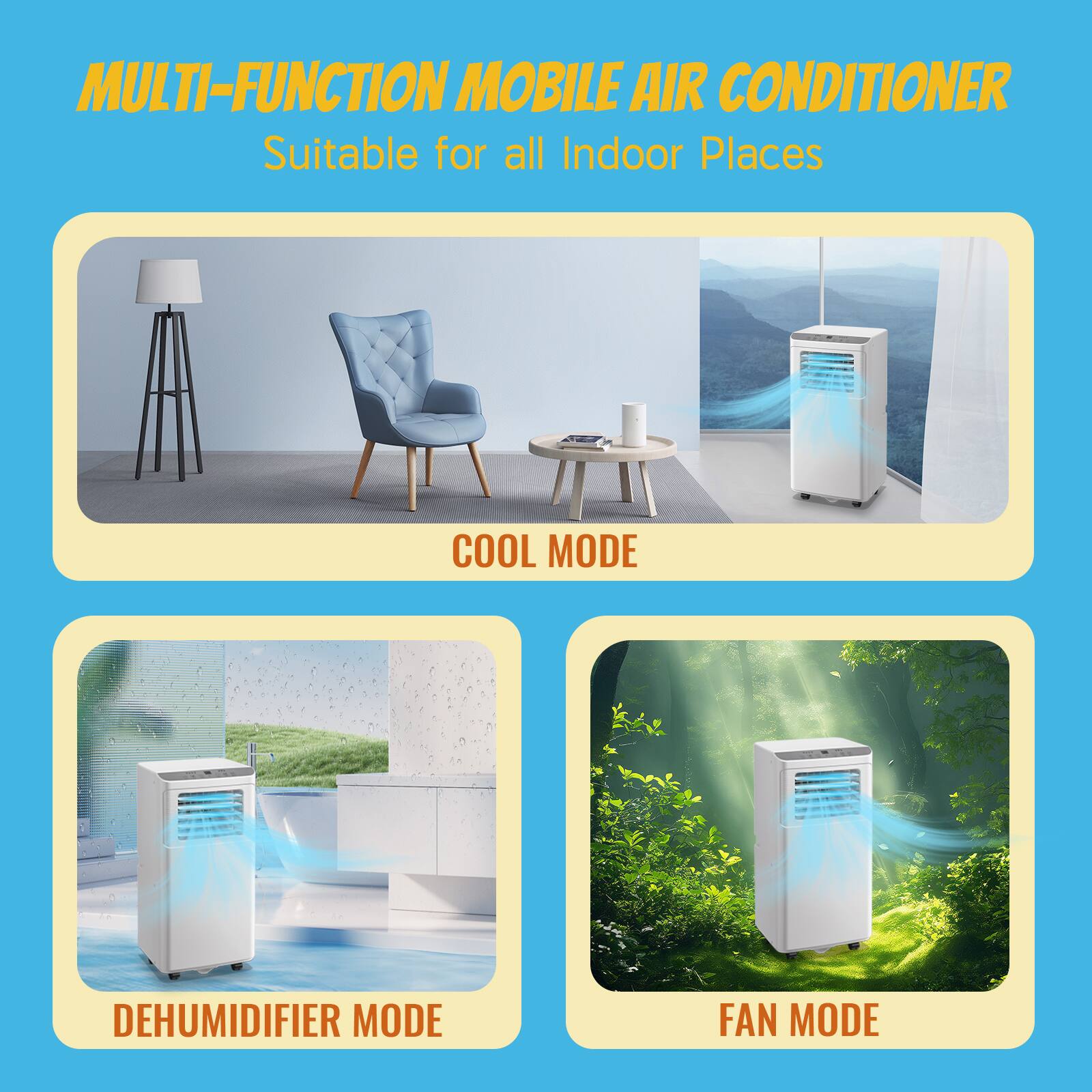 MULTI-FUNCTION MOBILE AIR CONDITIONER  
Suitable for all Indoor Places  

COOL MODE  
DEHUMIDIFIER MODE  
FAN MODE