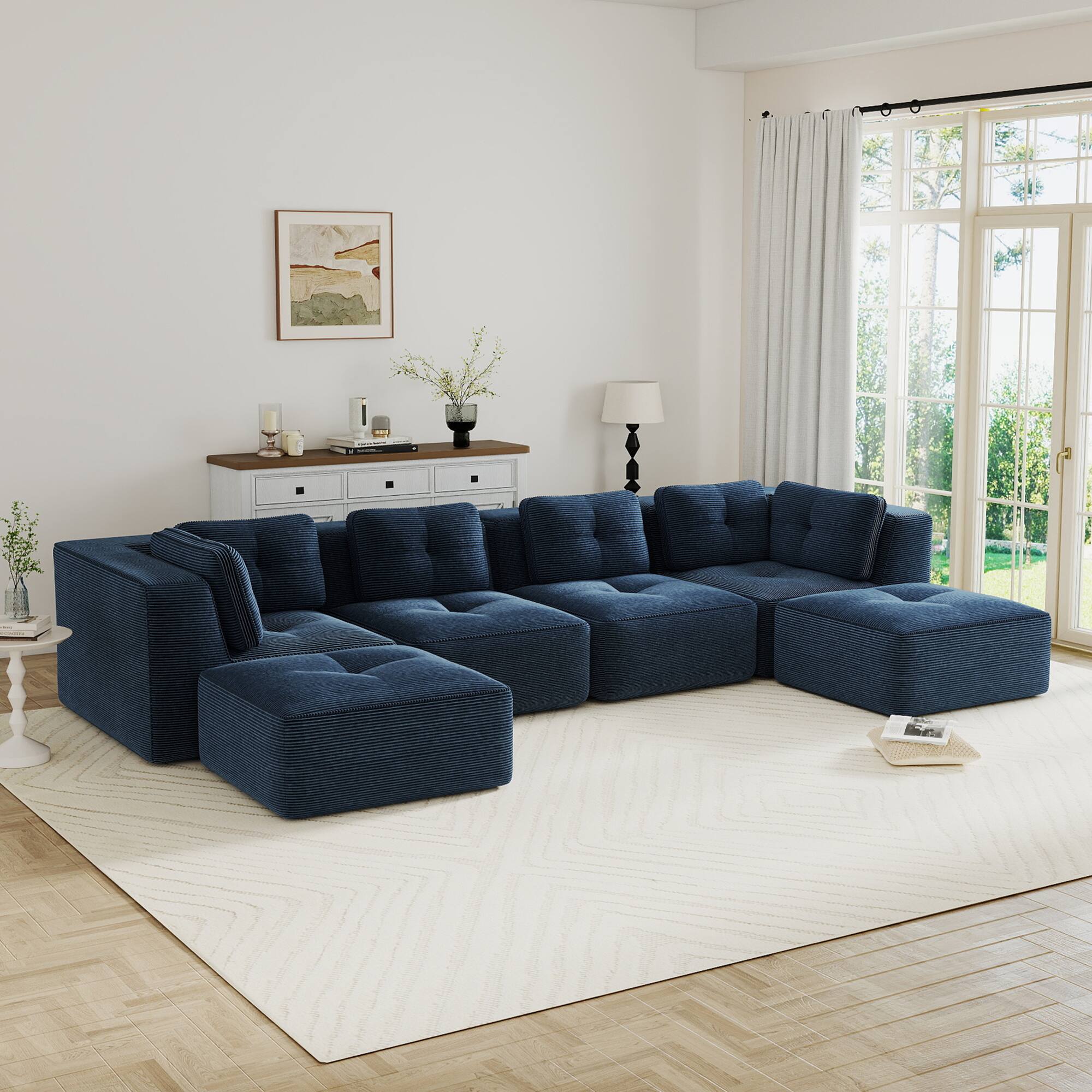 Front. LOVMOR - Modular Deep Seat Storage Ottoman 4 Seater Corduroy Sectional Couch No Assembly Compressed Pack Tufted For Den - Blue.