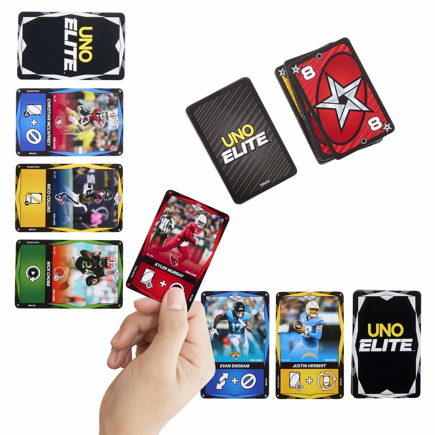 ELITE UNO

- CHRISTIAN MCCAFFREY
- NICO COLLINS
- NICK CHUBS
- KYLER MURRAY
- EVAN ENGRAM
- JUSTIN HERBERT

UNO ELITE