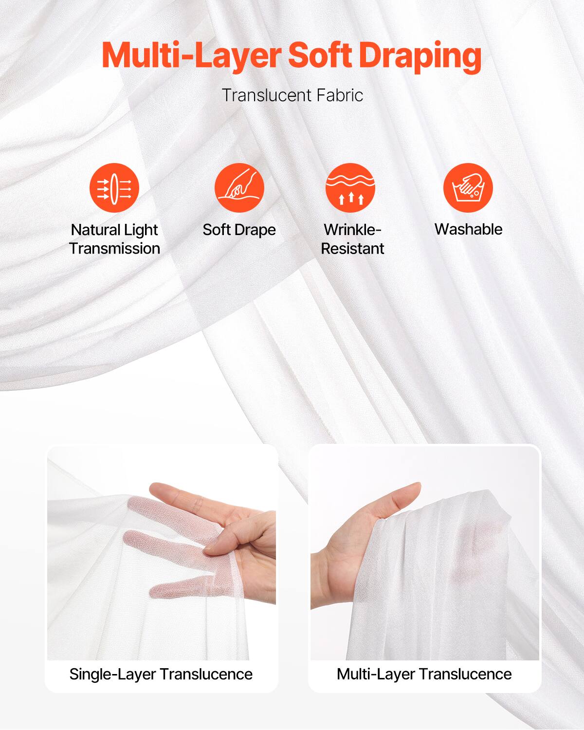 Multi-Layer Soft Draping  
Translucent Fabric

- Natural Light Transmission
- Soft Drape
- Wrinkle-Resistant
- Washable

Single-Layer Translucence  
Multi-Layer Translucence