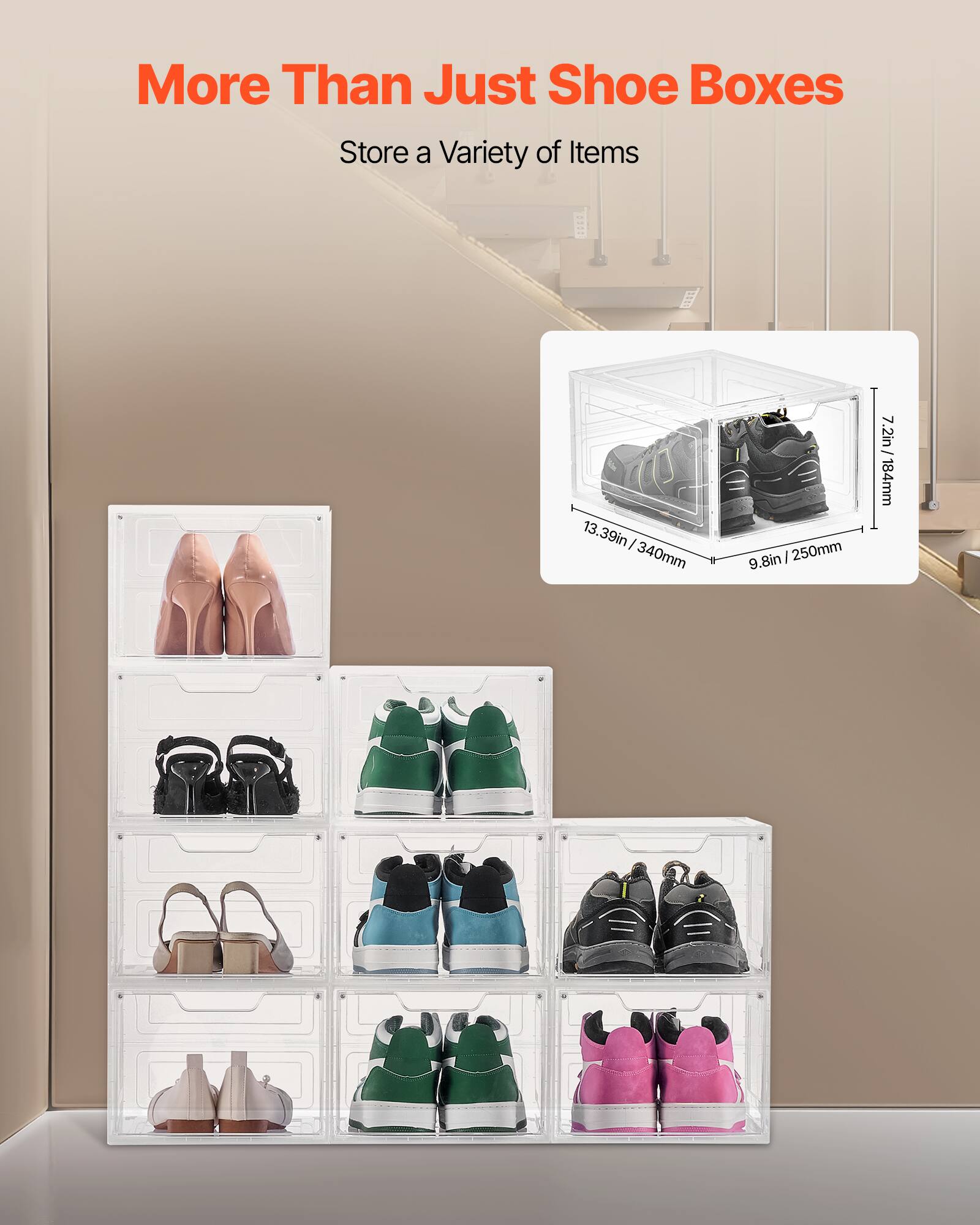 More Than Just Shoe Boxes, Store a Variety of Items, 13.39in/340mm, 9.8in/250mm, 7.2in/184mm