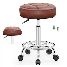 Brick Attic - Rolling Stool with Wheels,PU Leather Small Office Chair with Foot Rest,Versatile Adjustable Swivel Stool for Office Home - Brown
