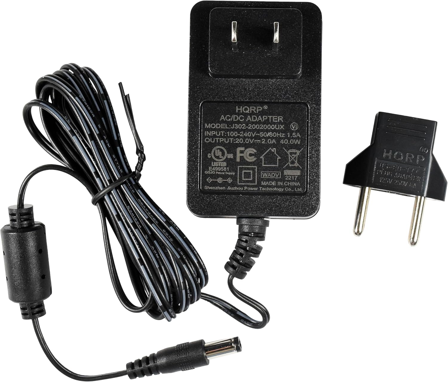 HQRP AC/DC ADAPTER  
MODEL: J302-2002000UX  
INPUT: 100-240V~50/60Hz 1.5A  
OUTPUT: 20.0V=2.0A 40.0W  
C U2 uS FC LISTED E499581  
MADE IN CHINA  
Shenzhen Sizhou Power Technology Co., Ltd.  
LMd. (I0)  
HORP POG 00 L 125V ADAPTER 250V A