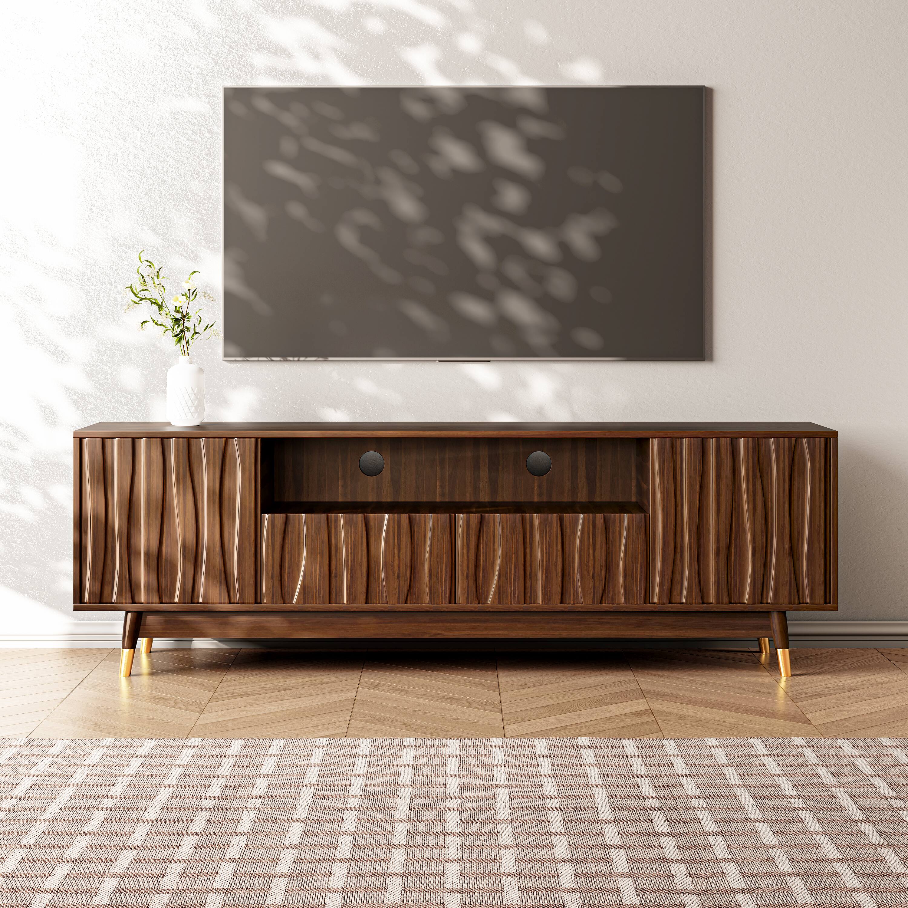 Alt View 1. MSOOB - 66.8" Wood TV Stand with Drawer and Cabinet for 75" TV, Mid Century Entertainment Center with Open Shelf for Living Room - Brown.