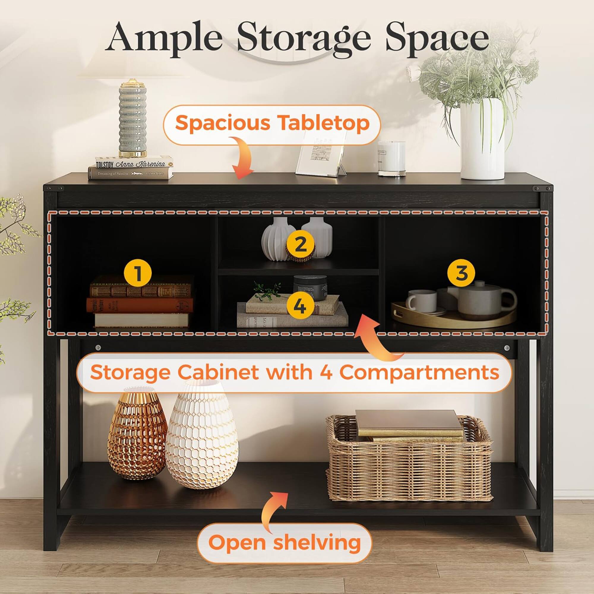 Ample Storage Space  
Spacious Tabletop  
Storage Cabinet with 4 Compartments  
Open shelving