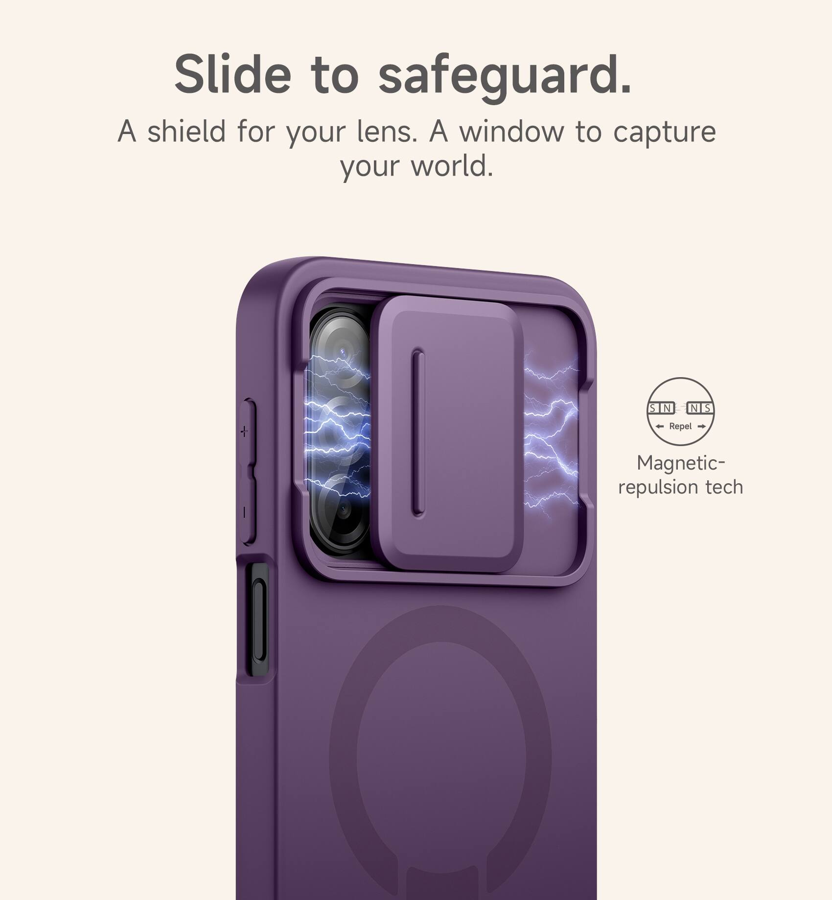 Slide to safeguard.  
A shield for your lens. A window to capture your world.  
5 SNN N N S - Repel - Magnetic repulsion tech
