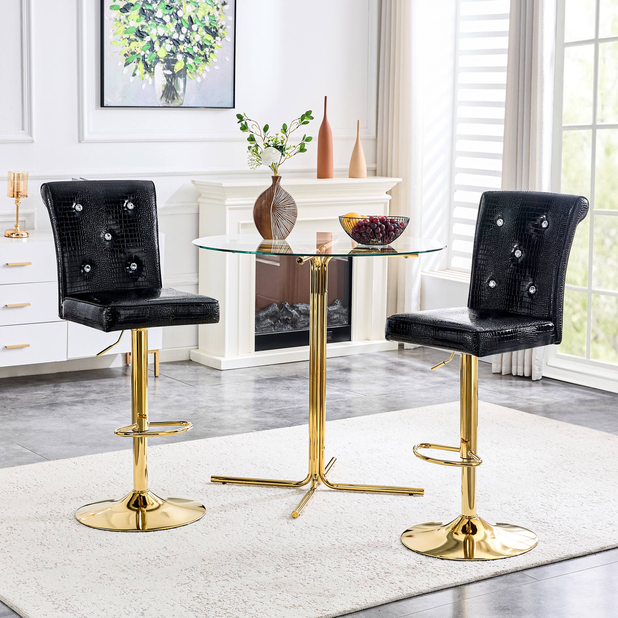 Left. Loheer - Vintage Crocodile Faux Leather Lift Bar Stools Set of 2 Adjustable 1.8 x 1.4 x 4.1 ft - Black.