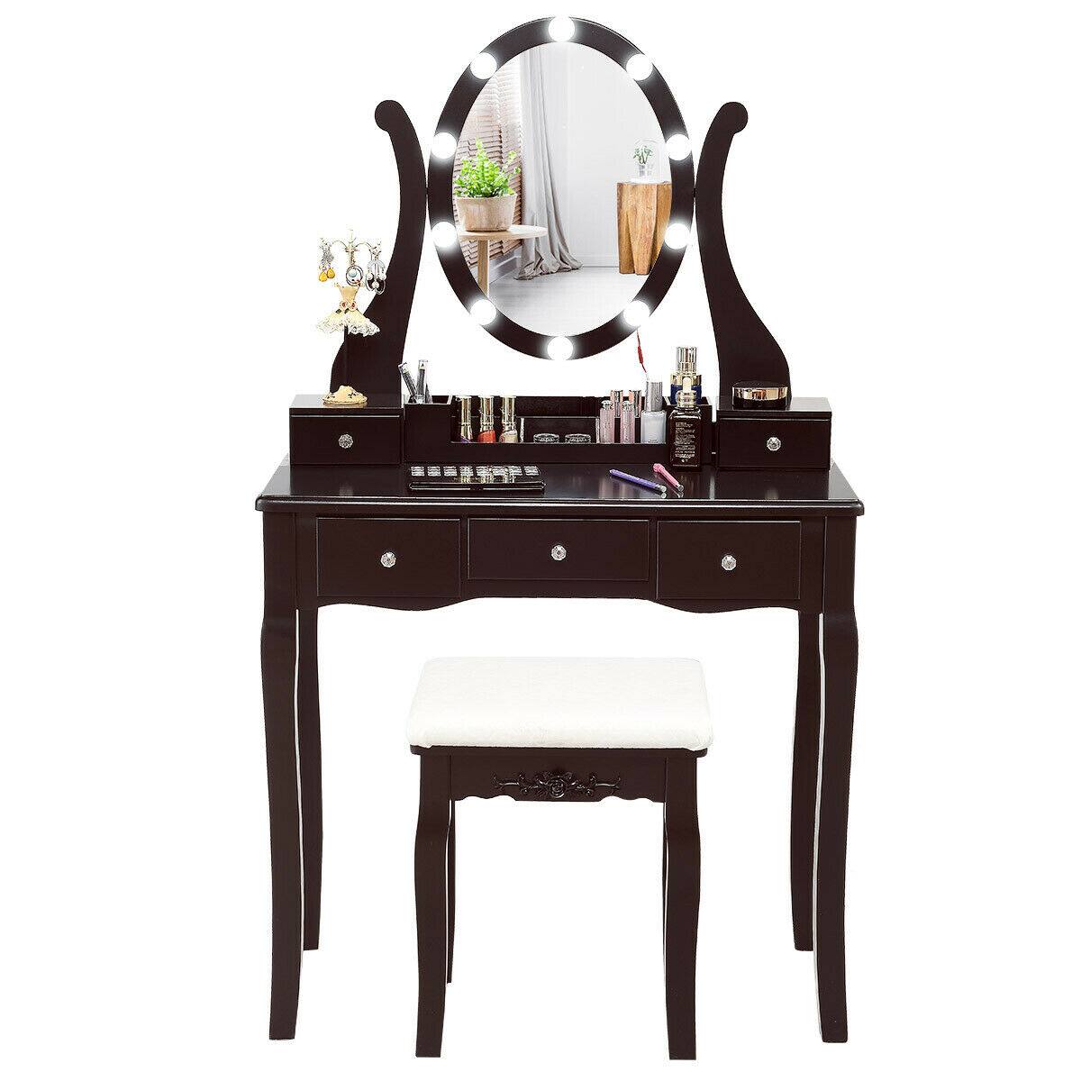 Alt View 8. Gymax - Gymax Vanity Table Set w/10 Light Bulbs and Touch Switch Makeup Dressing Table Brown - Brown.