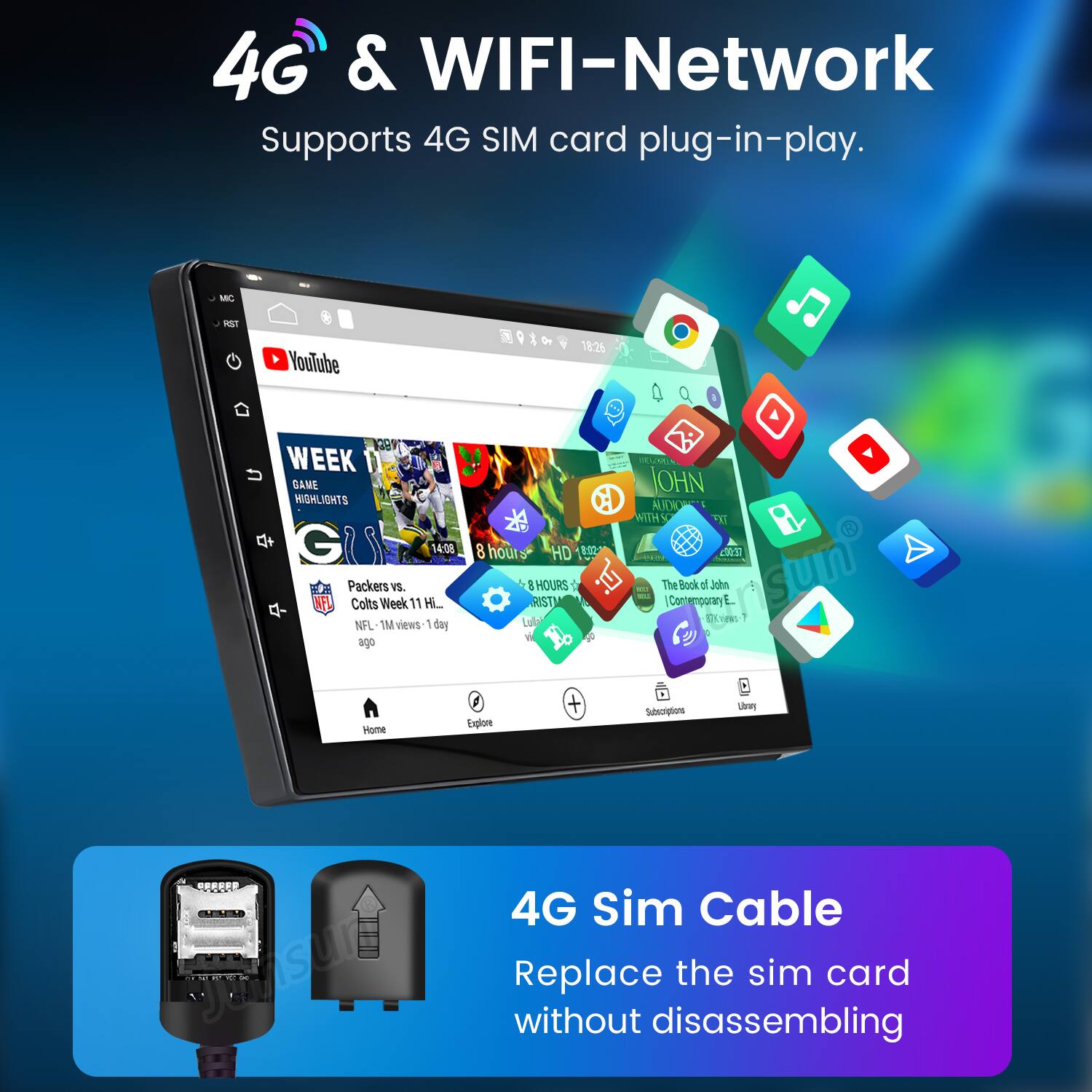 4G & WIFI-Network  
Supports 4G SIM card plug-in-play.  

4G Sim Cable  
Replace the sim card without disassembling