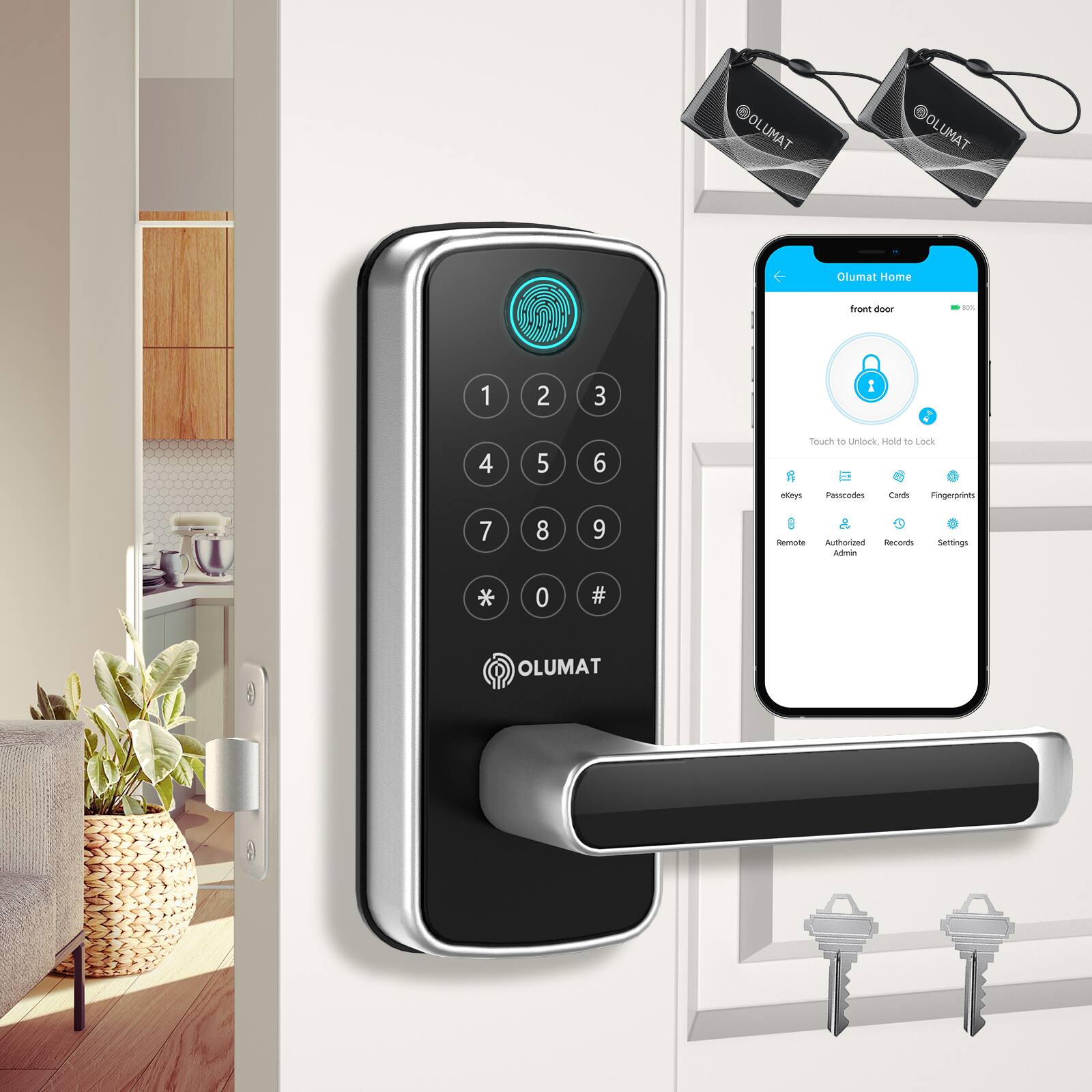 OLUMAT
OLUMAT Home
front door
Touch to Unlock, Hold to Lock
Remote
Authorized
Records
Settings
Admin
OLUMAT