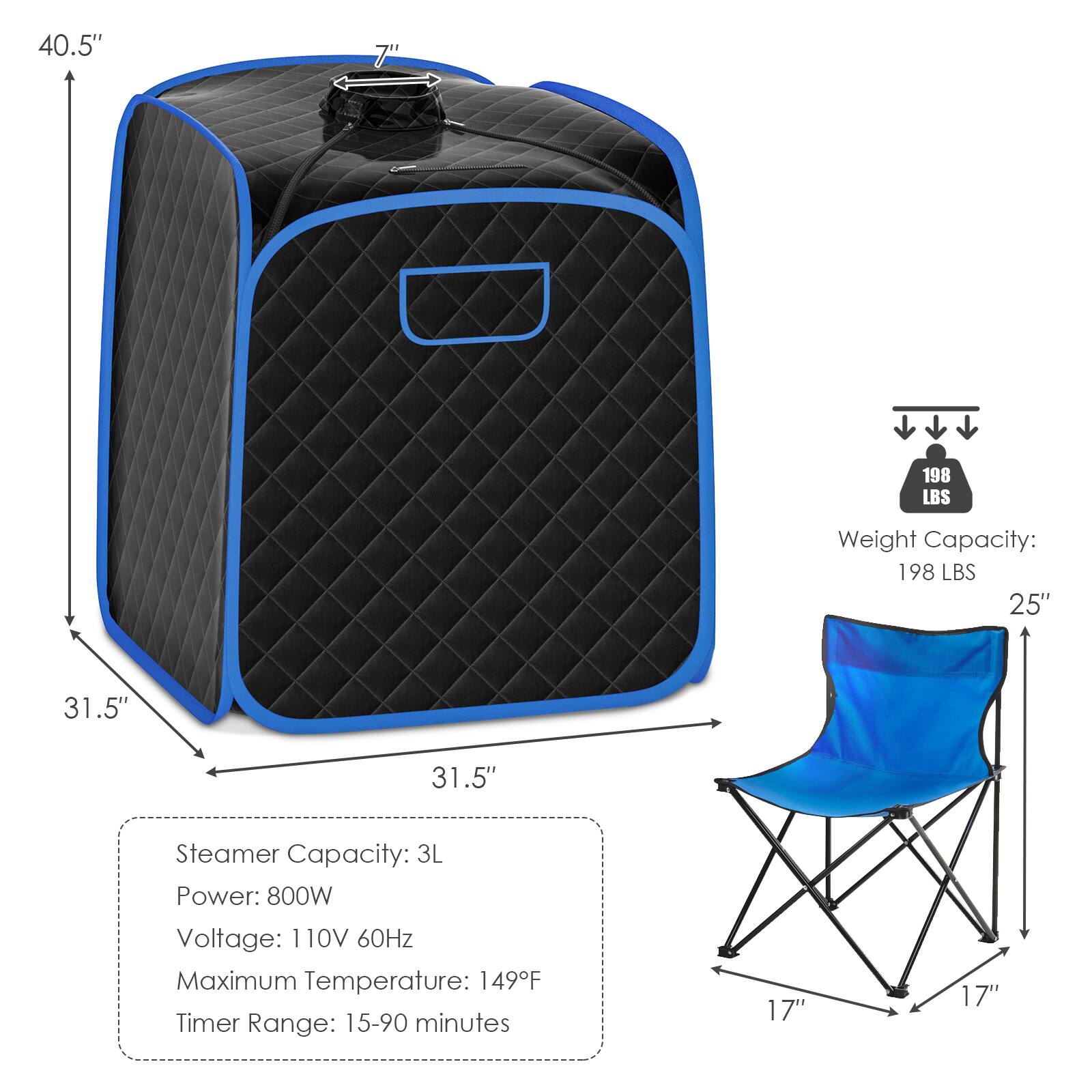 The text on the image is grouped and corrected as follows:

Weight Capacity: 198 LBS
Steamer Capacity: 3L
Power: 800W
Voltage: 110V 60Hz
Maximum Temperature: 149F
Timer Range: 15-90 minutes

The dimensions of the chair are 25" x 31.5" x 31.5".