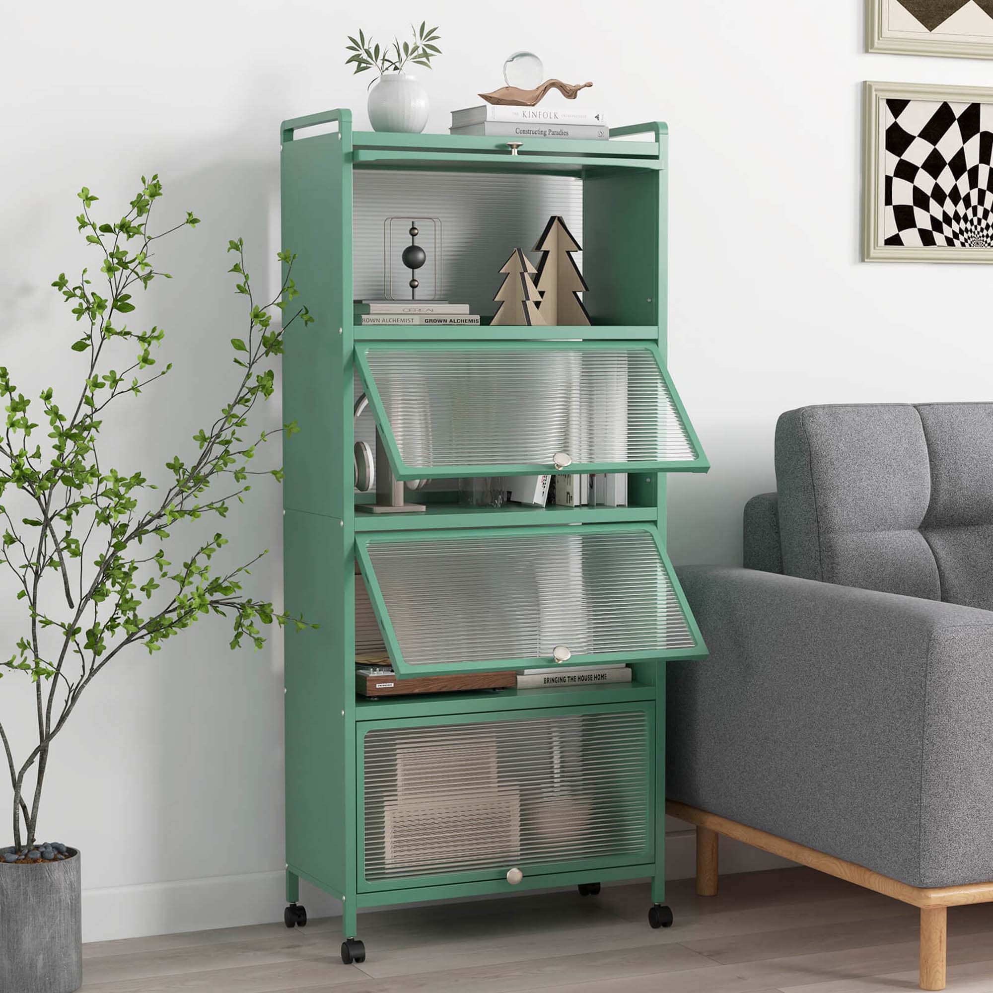 I cannot group or correct the text as it does not appear to be related to the image. The image shows a green bookshelf with various items on it, a couch, and a potted plant.