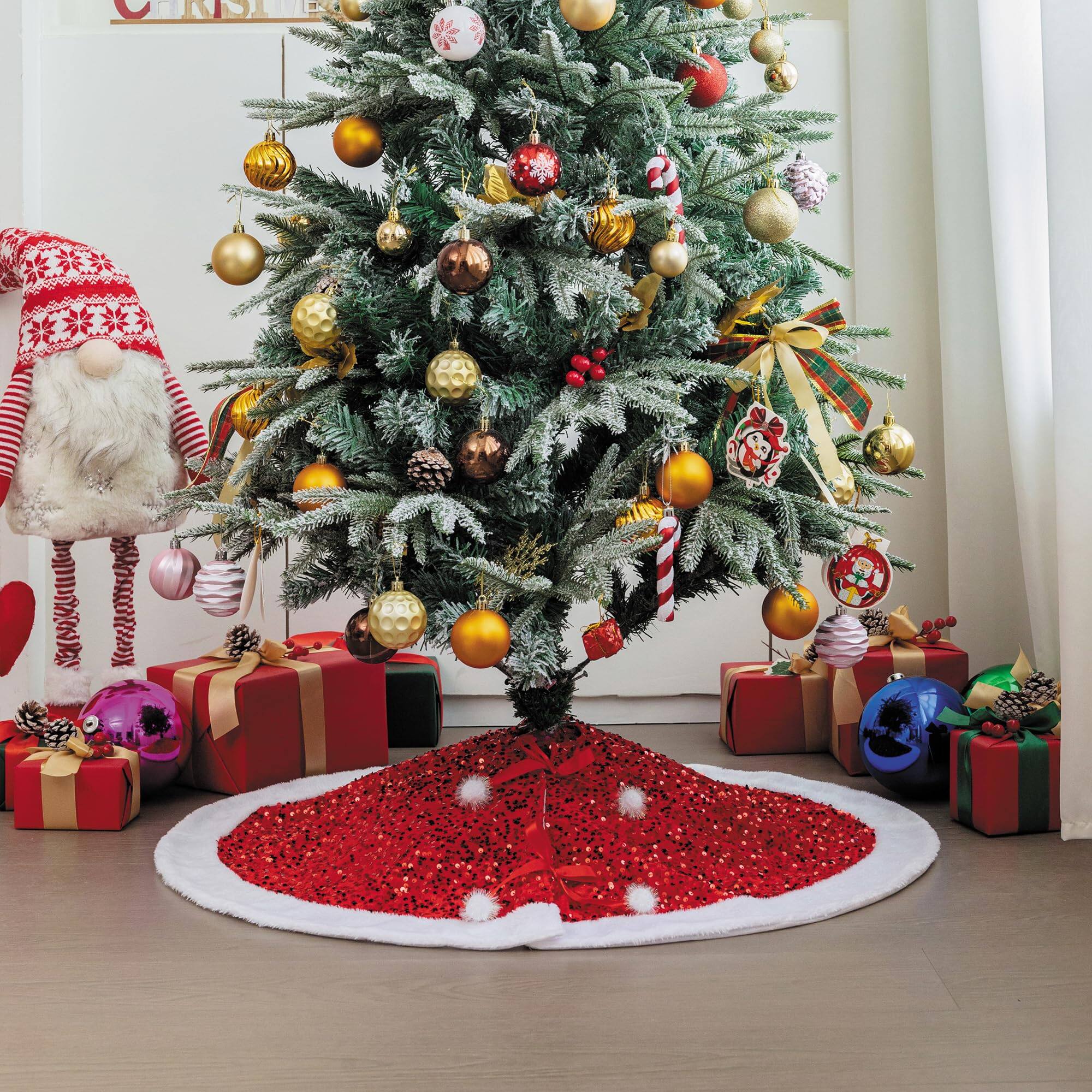 Alt View 5. Paradigms Interiors - Christmas Tree Skirt Sparkly With Faux Plush Decorations Base Mat Thick Rugs For Xmas Party Home Decor - Hot Pink.