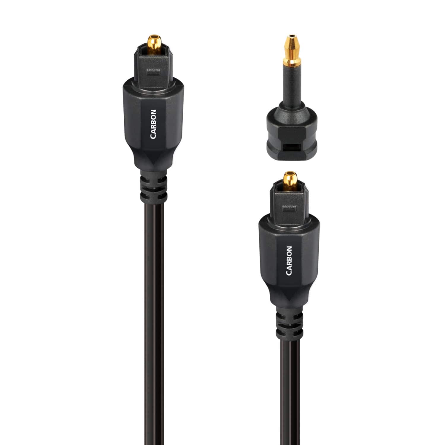 AudioQuest - Carbon Optical 26.2' Digital Toslink Fiber-Optic Cable + Mini-Adaptor with Toslink to Toslink Connectors - Black/Gray Stripes - Front_Zoom