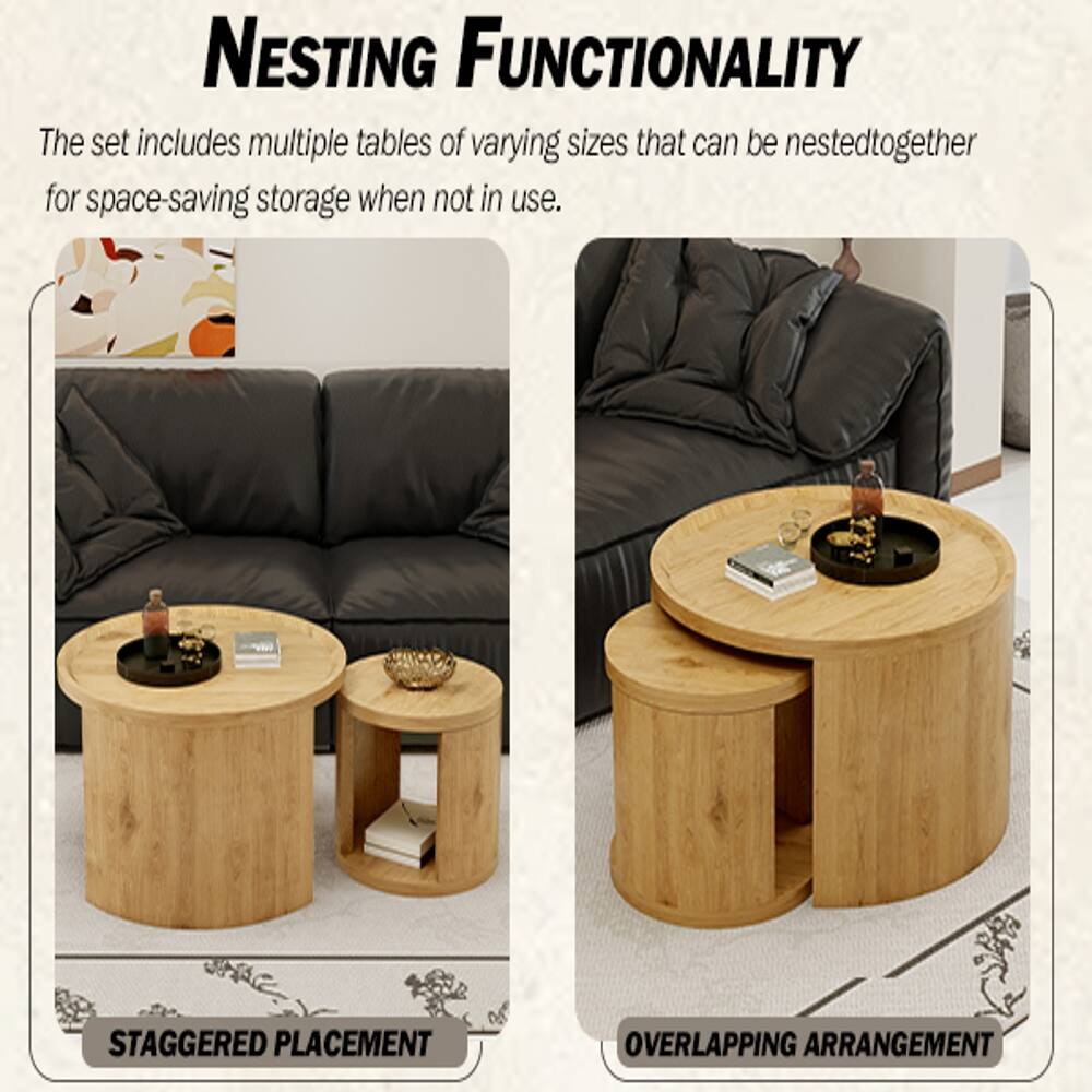 NESTING FUNCTIONALITY  
The set includes multiple tables of varying sizes that can be nested together for space-saving storage when not in use.  

STAGGERED PLACEMENT  
OVERLAPPING ARRANGEMENT