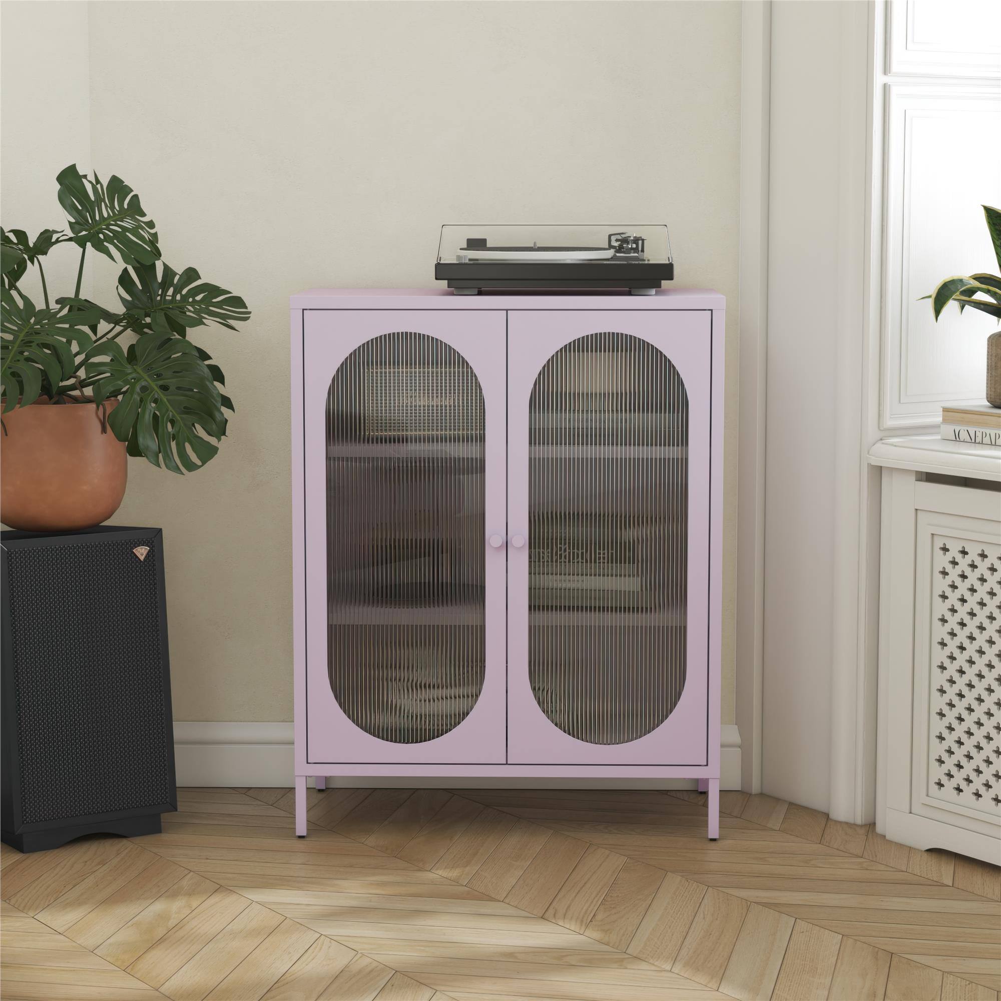 Angle. Aukfa - Short 2-Door Metal Accent Cabinet - Fluted Glass Doors, 3 Shelves (2 Adjustable), 31.5"W x 40"H - Purple.