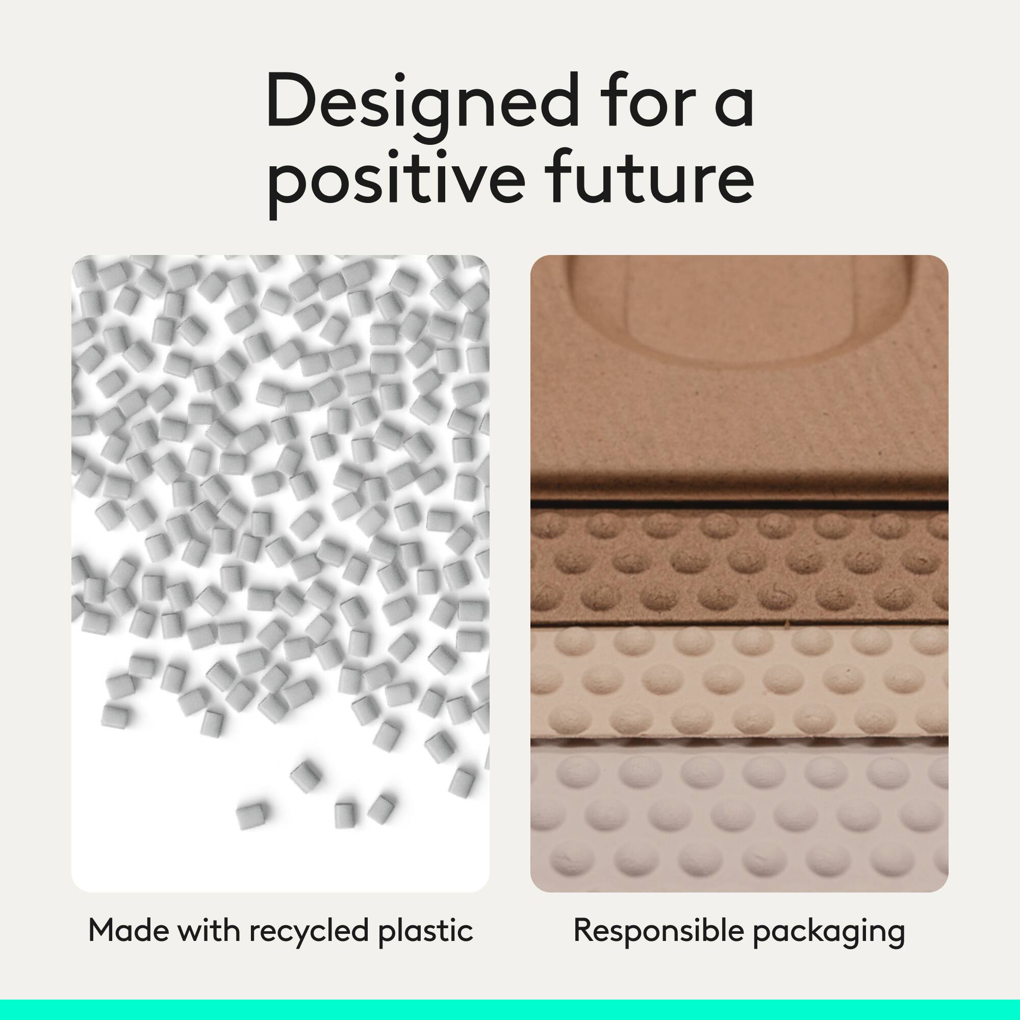 Designed for a positive future  
Made with recycled plastic  
Responsible packaging