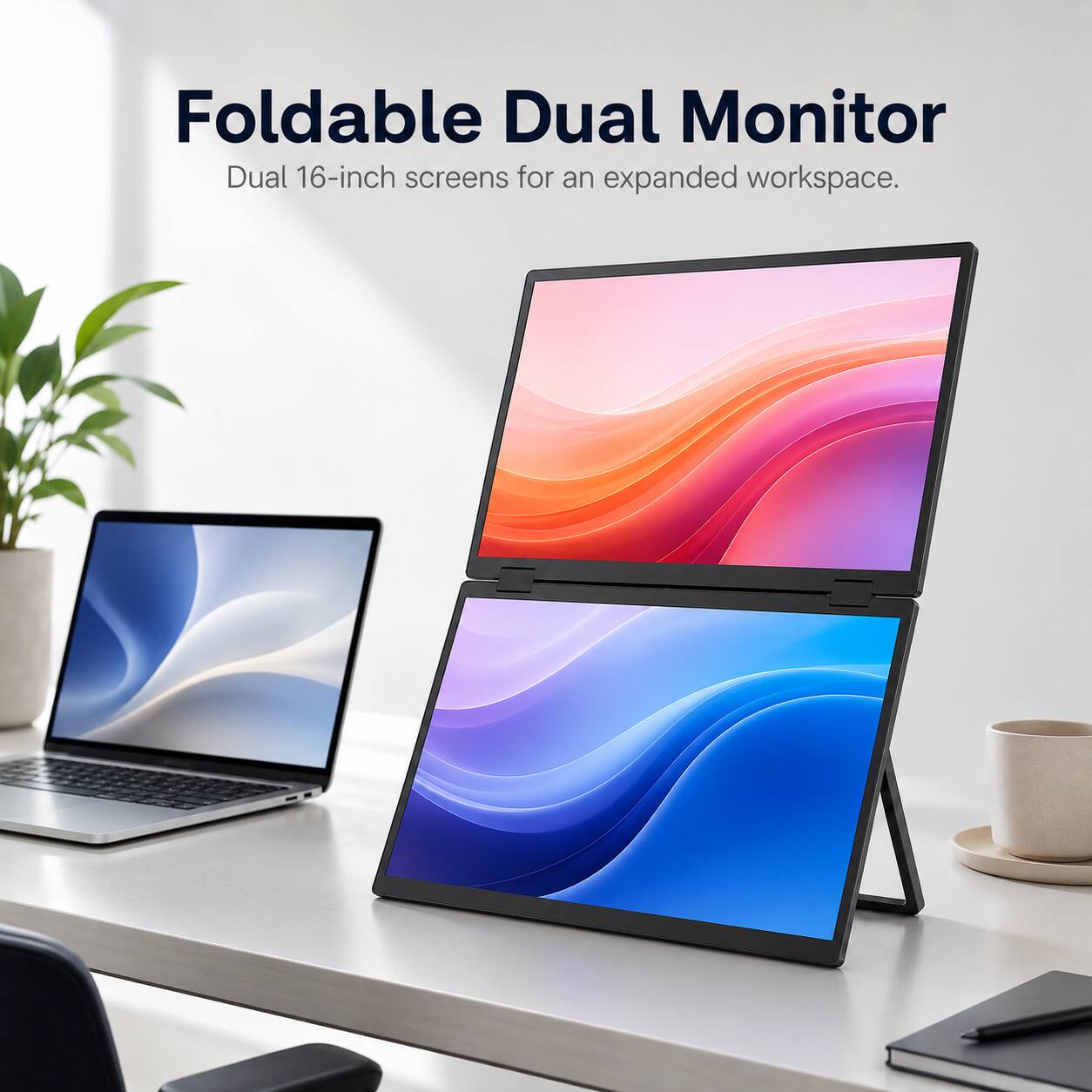 Foldable Dual Monitor  
Dual 16-inch screens for an expanded workspace.