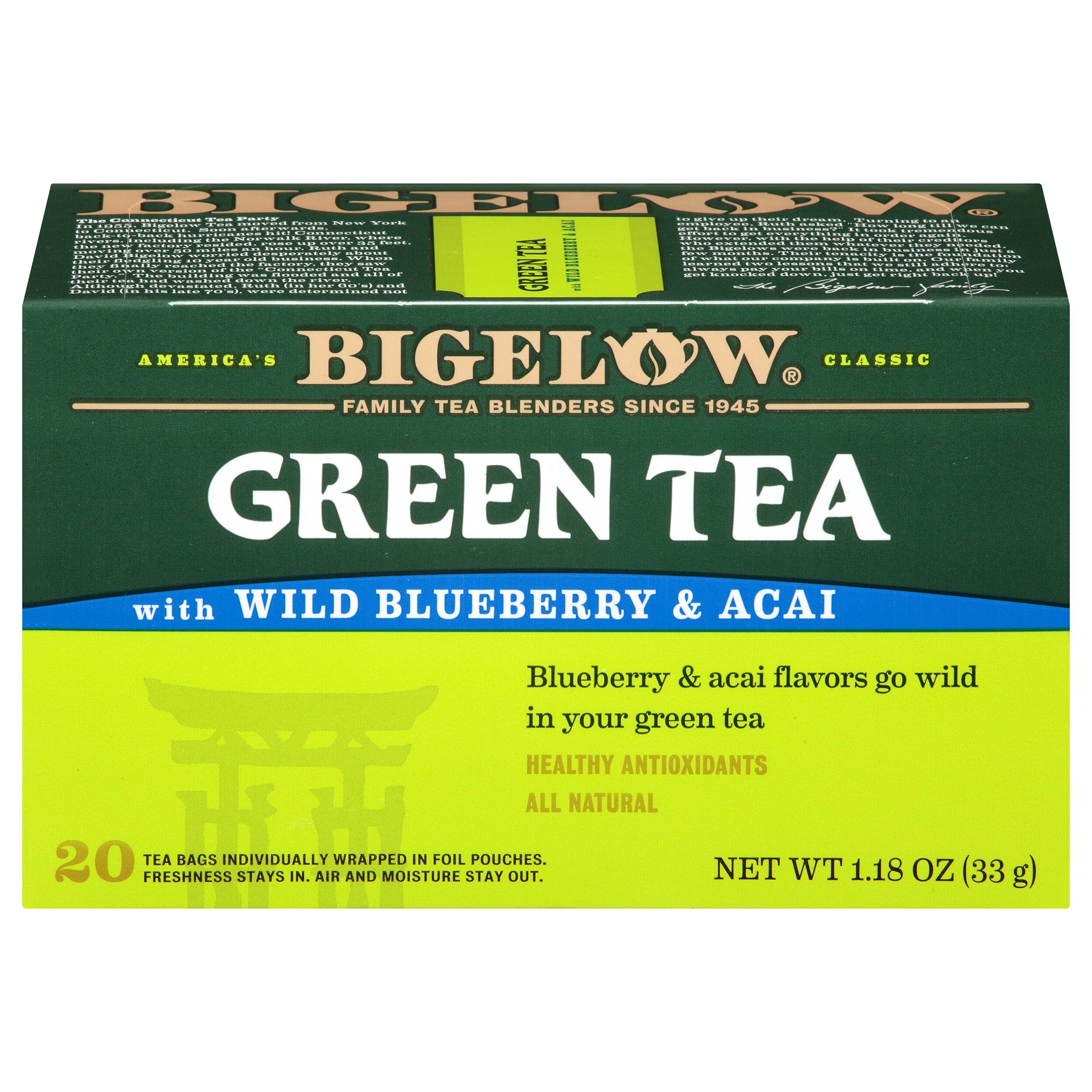 **BIGELOW**
CLASSIC
AMERICA'S FAMILY TEA BLENDERS SINCE 1945
**GREEN TEA**
with WILD BLUEBERRY & ACAI
Blueberry & acai flavors go wild in your green tea
HEALTHY ANTIOXIDANTS
ALL NATURAL
20 TEA BAGS INDIVIDUALLY WRAPPED IN FOIL POUCHES.
FRESHNESS STAYS IN. AIR AND MOISTURE STAY OUT.
NET WT 1.18 OZ (33 g)