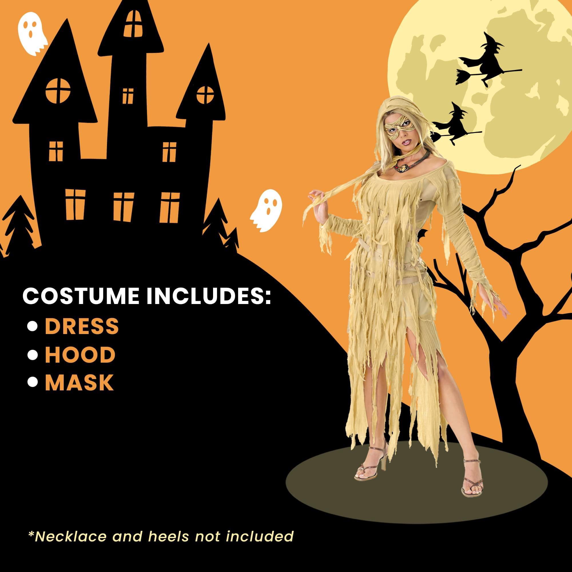 COSTUME INCLUDES:  
- DRESS  
- HOOD  
- MASK  

*Necklace and heels not included