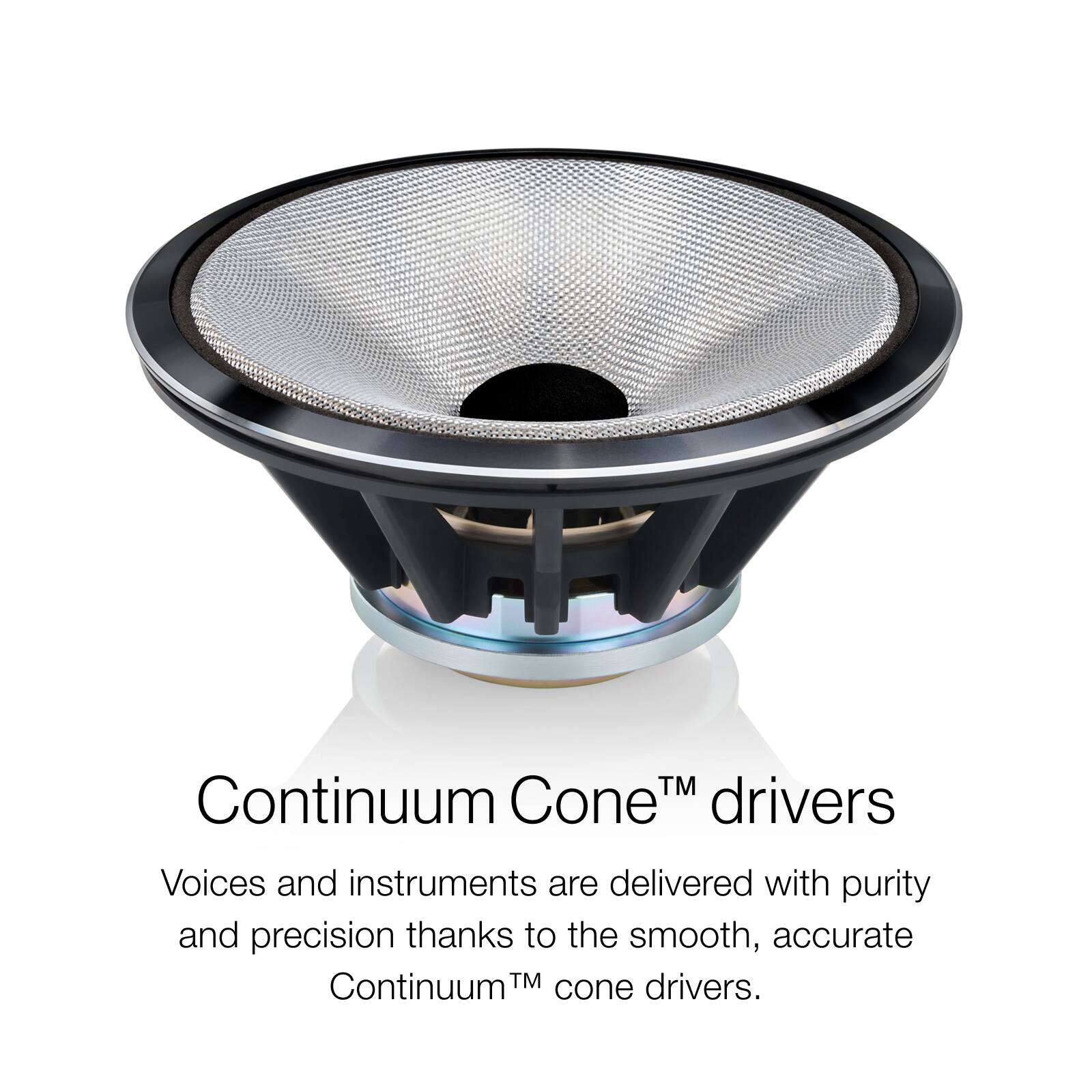 Continuum Cone™ drivers

Voices and instruments are delivered with purity and precision thanks to the smooth, accurate Continuum™ cone drivers.
