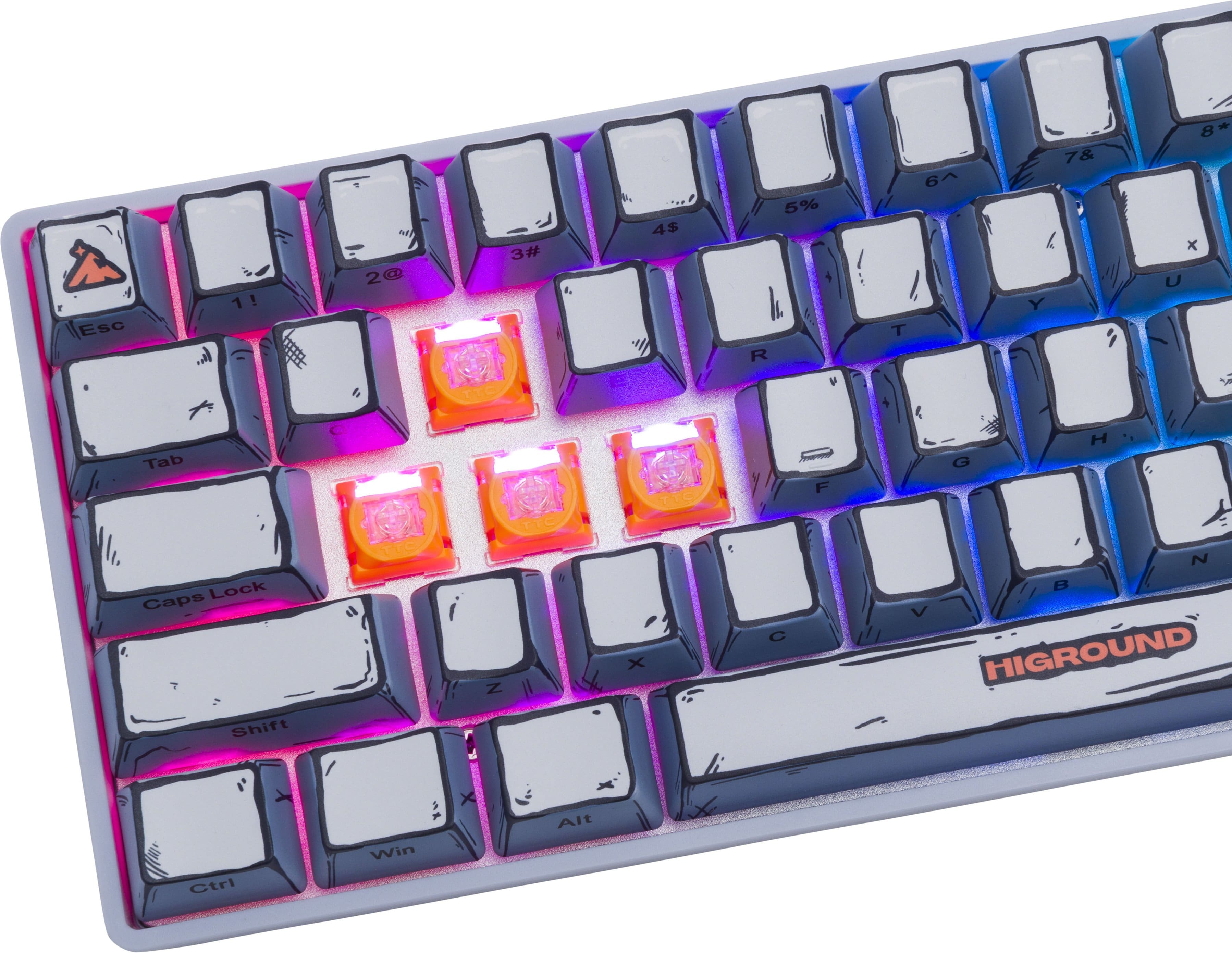The image shows a close-up of a keyboard with a purple and blue color scheme. The keys are illuminated with a purple light, and the keyboard has a unique design. The keys are labeled with letters and symbols, including the letters A, B, C, D, E, F, G, H, I, J, K, L, M, N, O, P, Q, R, S, T, U, V, W, X, Y, and Z. The keyboard also has a space bar, a tab key, and a lock key. The keys are arranged in a way that allows for easy typing and navigation.