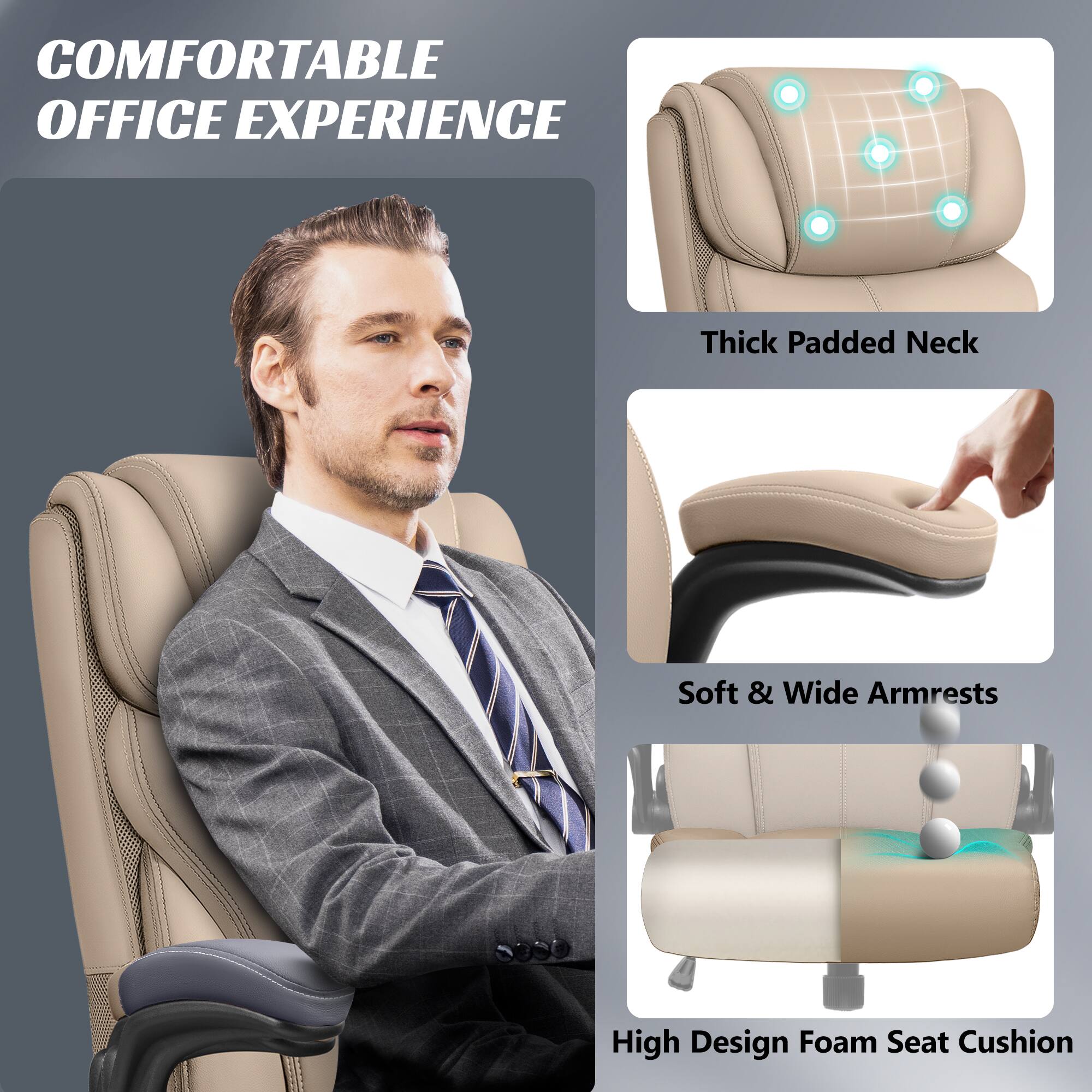 COMFORTABLE OFFICE EXPERIENCE

- Thick Padded Neck
- Soft & Wide Armrests
- High Design Foam Seat Cushion