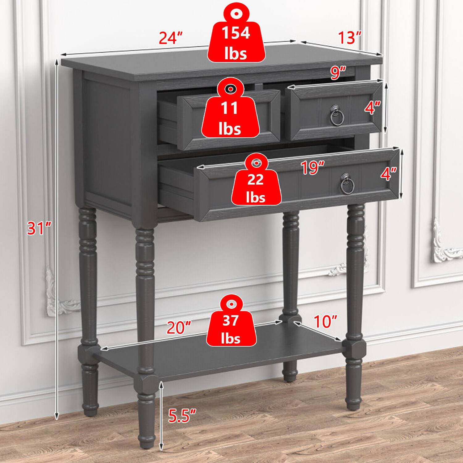 24" 154 lbs  
13" 9" 11 lbs  
4" 22 lbs  
19" 4"  
31" 20" 37 lbs  
10" 5.5"