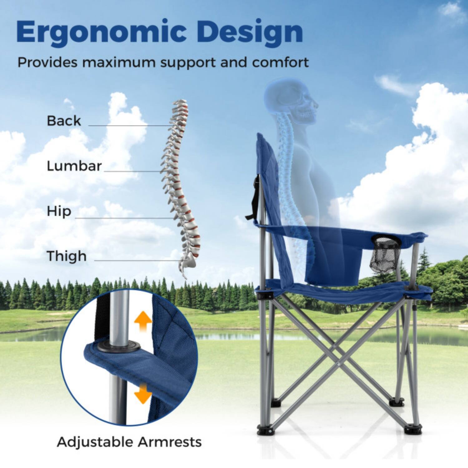 Ergonomic Design  
Provides maximum support and comfort  

- Back  
- Lumbar  
- Hip  
- Thigh  

Adjustable Armrests