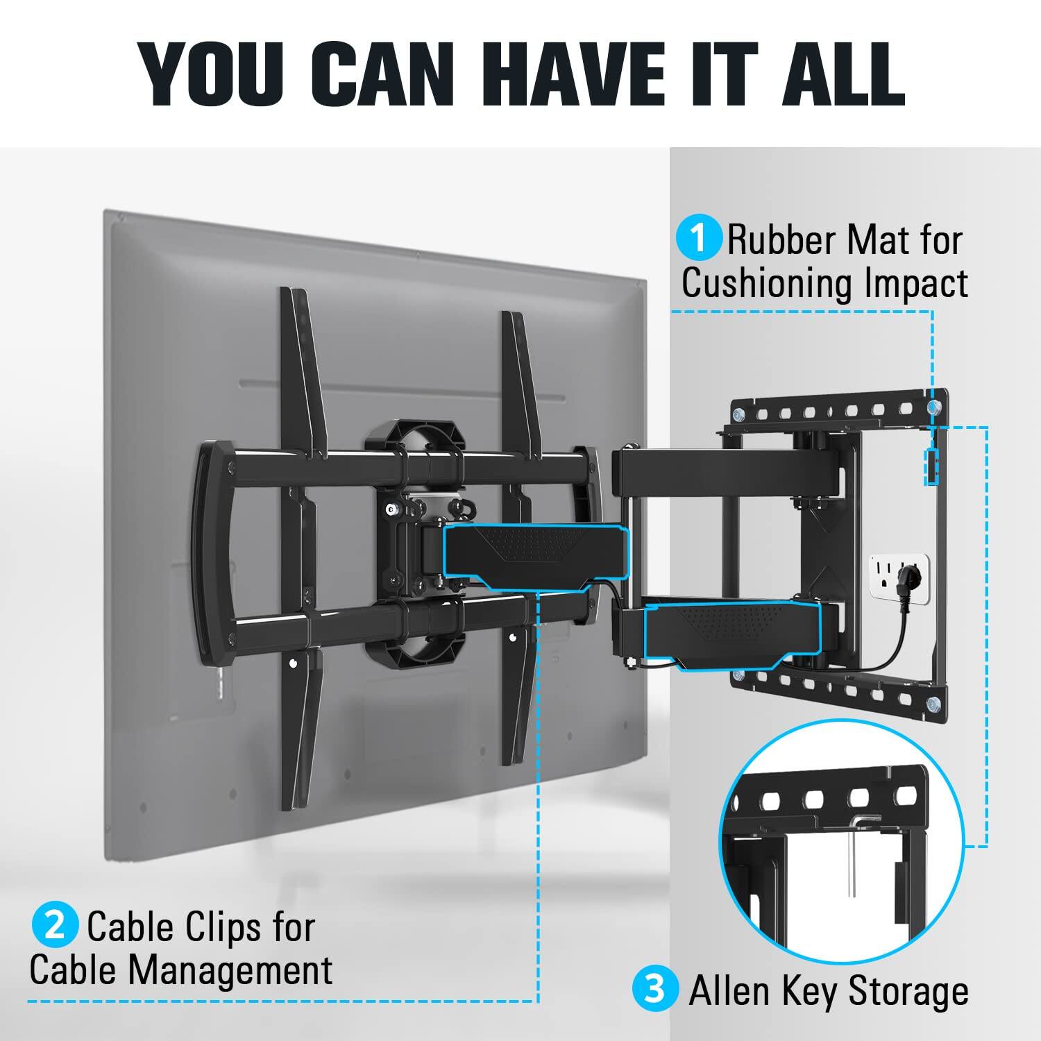 YOU CAN HAVE IT ALL

1. Rubber Mat for Cushioning Impact

2. Cable Clips for Cable Management

3. Allen Key Storage