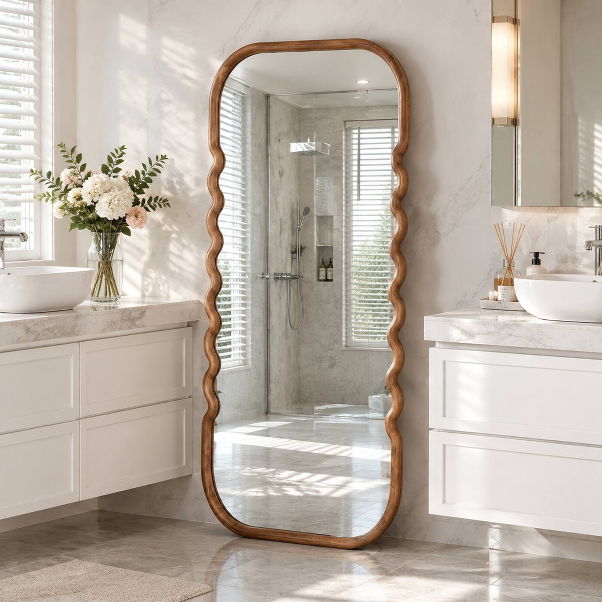 Back. RYHNUYNE - Oversized Full-Length Floor Mirror, 74 in Tall, Pine Wood Frame, Curved Dark Brown Design, Wall or Floor Display - Brown.