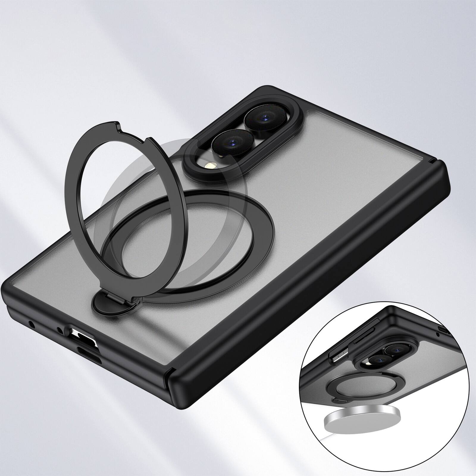 Alt View 1. Dteck - For Samsung Galaxy Z Fold8 Magnetic Case Built-in Screen Protector,Shockproof Ring Stand Clear Back Hinge Protect Cover - Black.