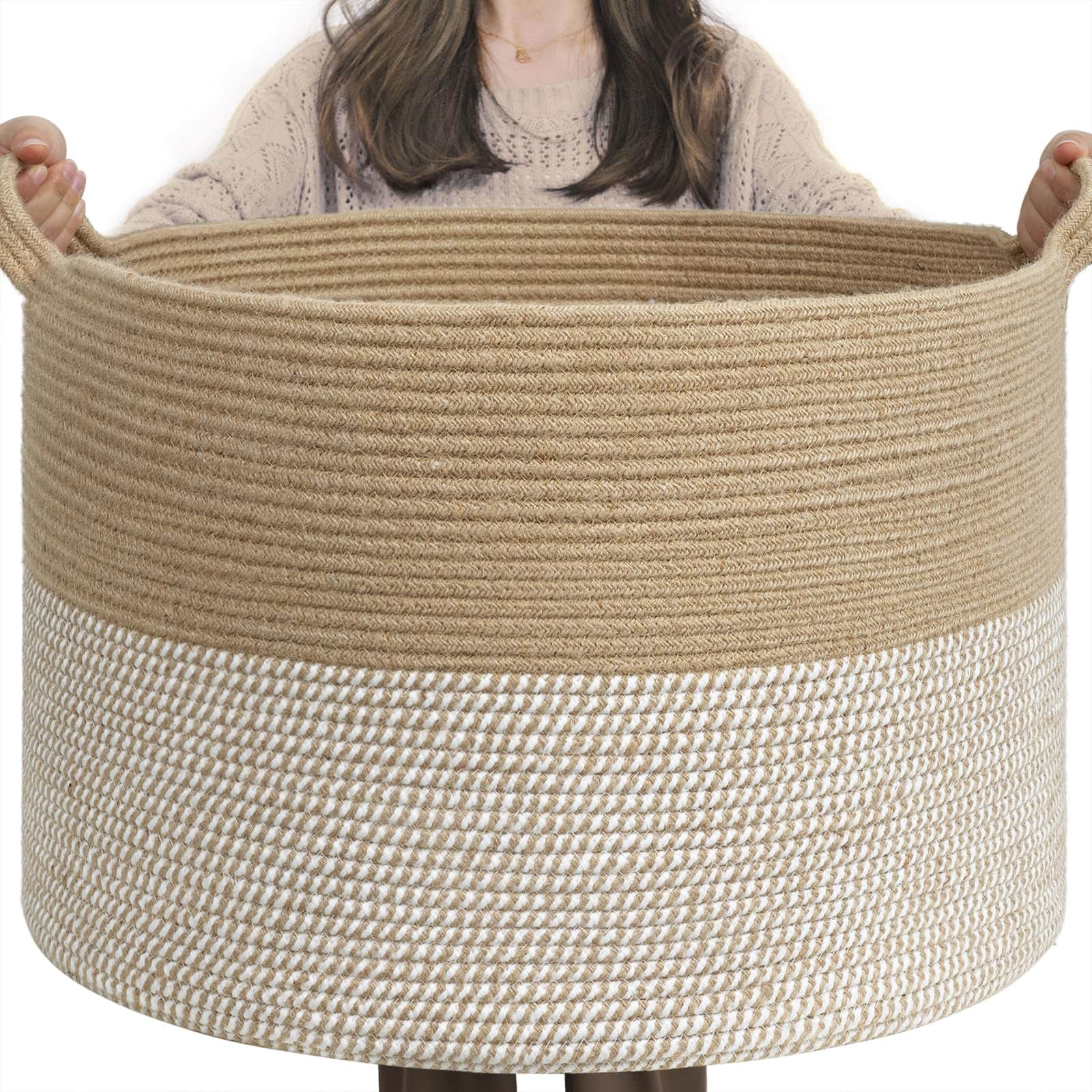 Dapper Styles - Xxxlarge Cotton Rope Basket 21 7" X 13 8" Woven Laundry For Blankets Toys Storage Baskets With Handle Comfo - White & Jute-21.7"D x 13.8"H