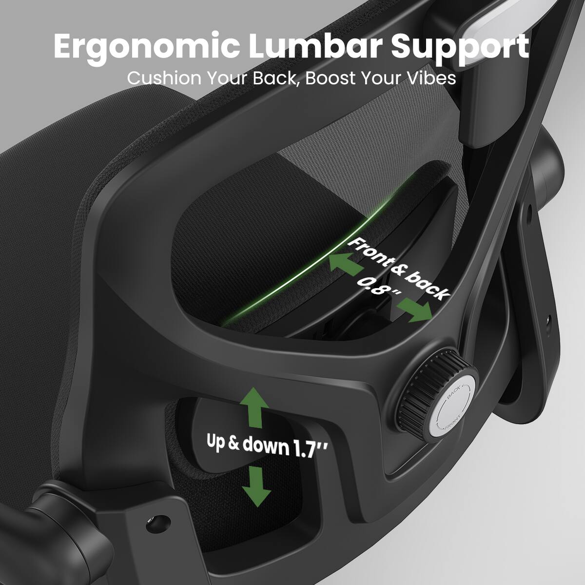 Ergonomic Lumbar Support  
Cushion Your Back, Boost Your Vibes  

Front & back 0.8"  
Up & down 1.7"