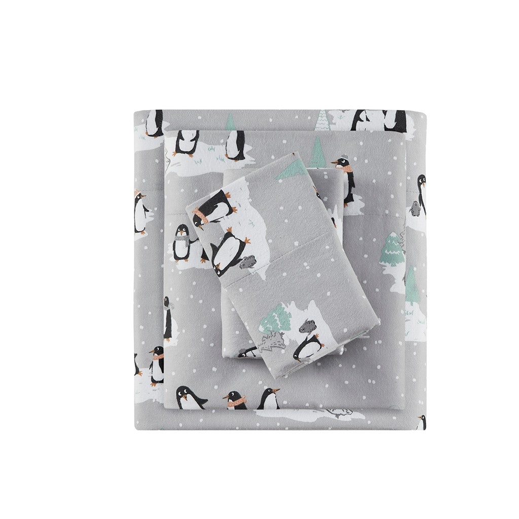 Gracie Mills - Persephone Cotton Flannel Sheet Set - Grey Penguins - Thumbnail 3