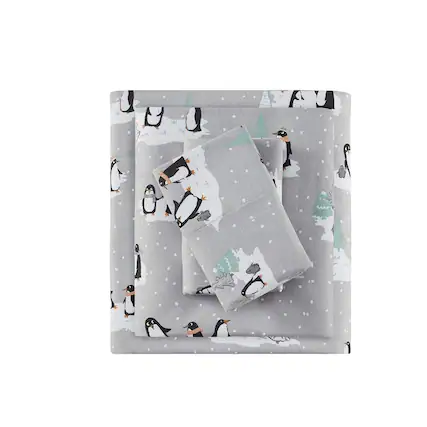 Front. Gracie Mills - Gracie Mills Persephone Cotton Flannel Sheet Set - Grey Penguins.