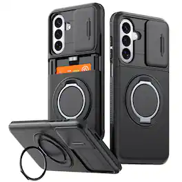 UUCOVER - Rugged Shockproof Case for Samsung Galaxy A17/A16/A26 with Sliding Camera Cover, Card Holder Slot, Magnetic Ring Stand - Black