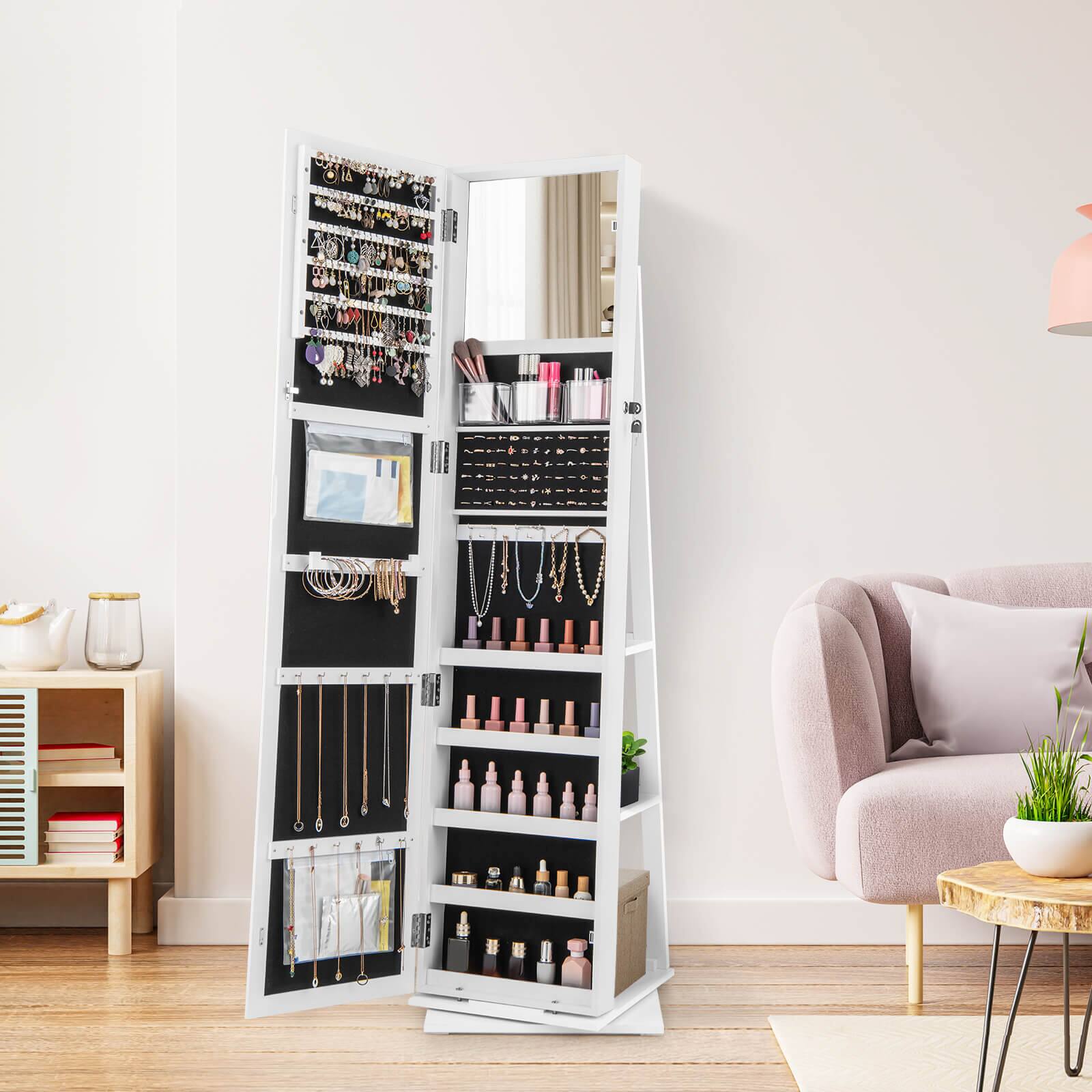 Alt View 1. Costway - Costway 360° Swivel Jewelry Armoire with Full-Length Mirror Rear Shelves Makeup Mirror - White.
