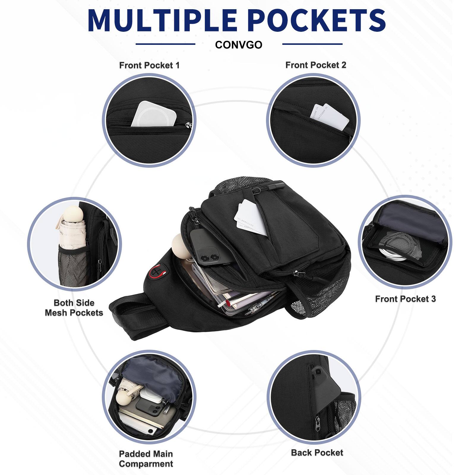 MULTIPLE POCKETS  
CONVGO

- Front Pocket 1
- Front Pocket 2
- Both Side Mesh Pockets
- Front Pocket 3
- Padded Main Compartment
- Back Pocket