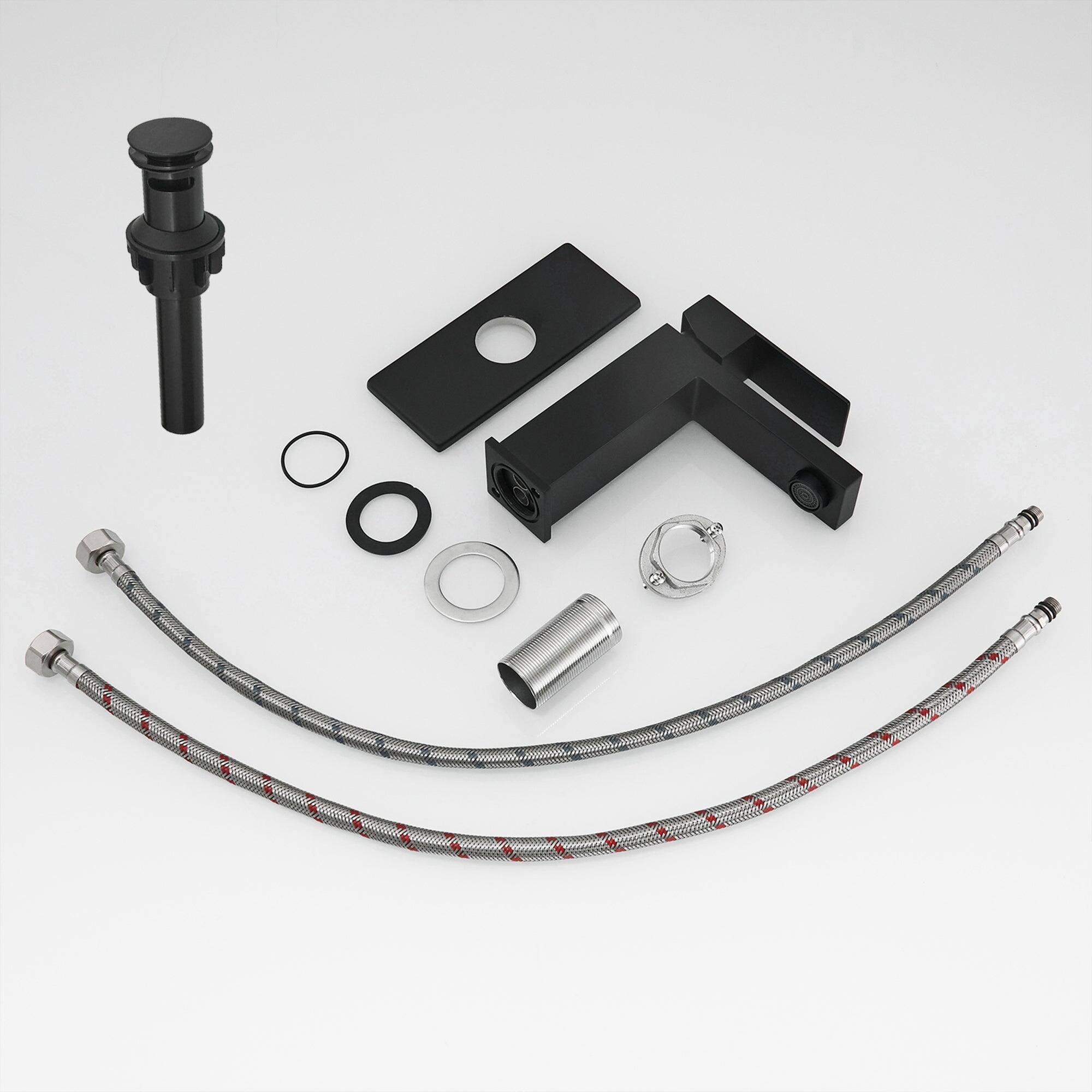 Alt View 2. Boyel Living - Single Handle Single Hole Bathroom Faucet Matte Black with Deck Plate Pop Up Drain and Water Supply Hoses - Matte Black.