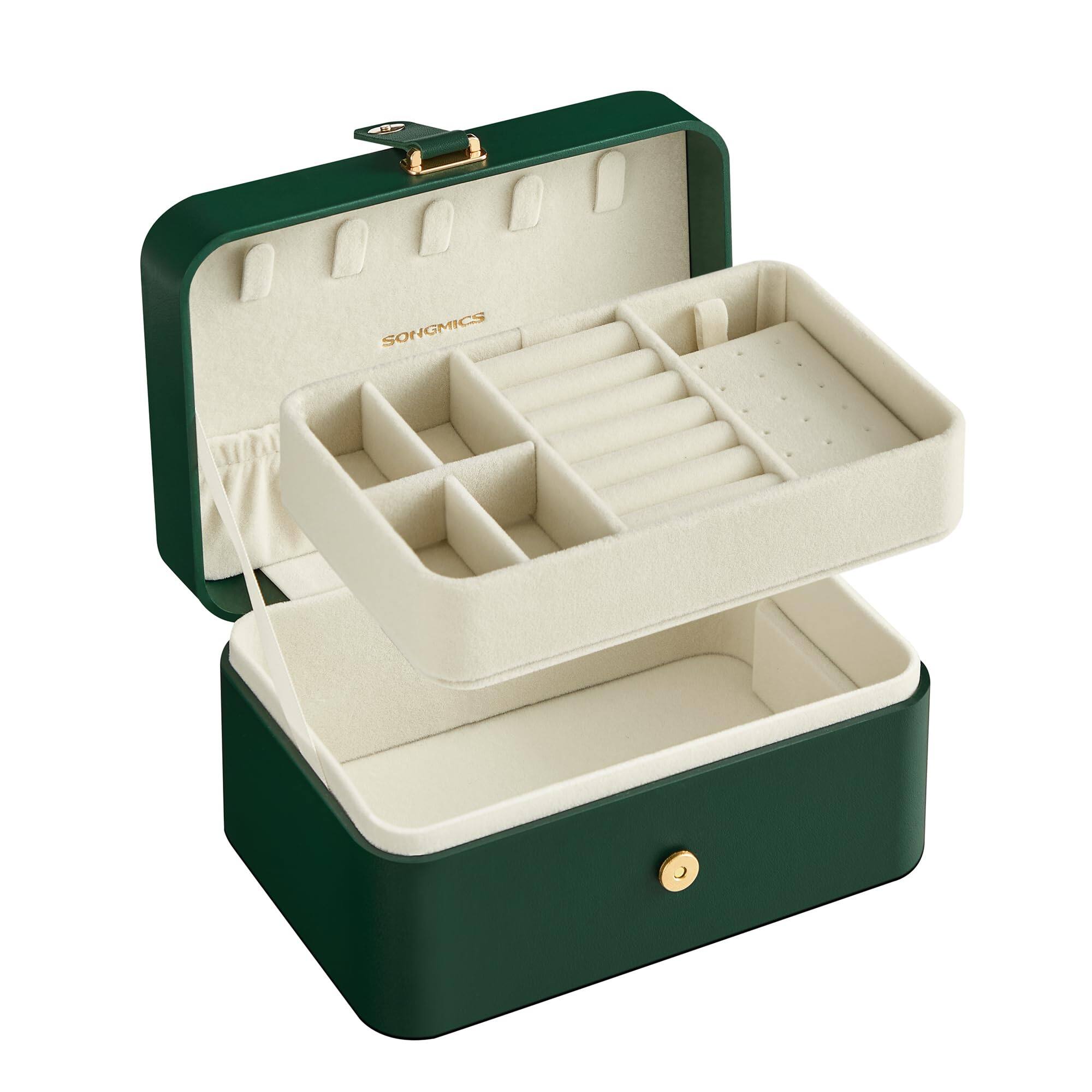Front. Songmics Home - 2-Layer Travel Jewellery Case in Forest Green - Green.