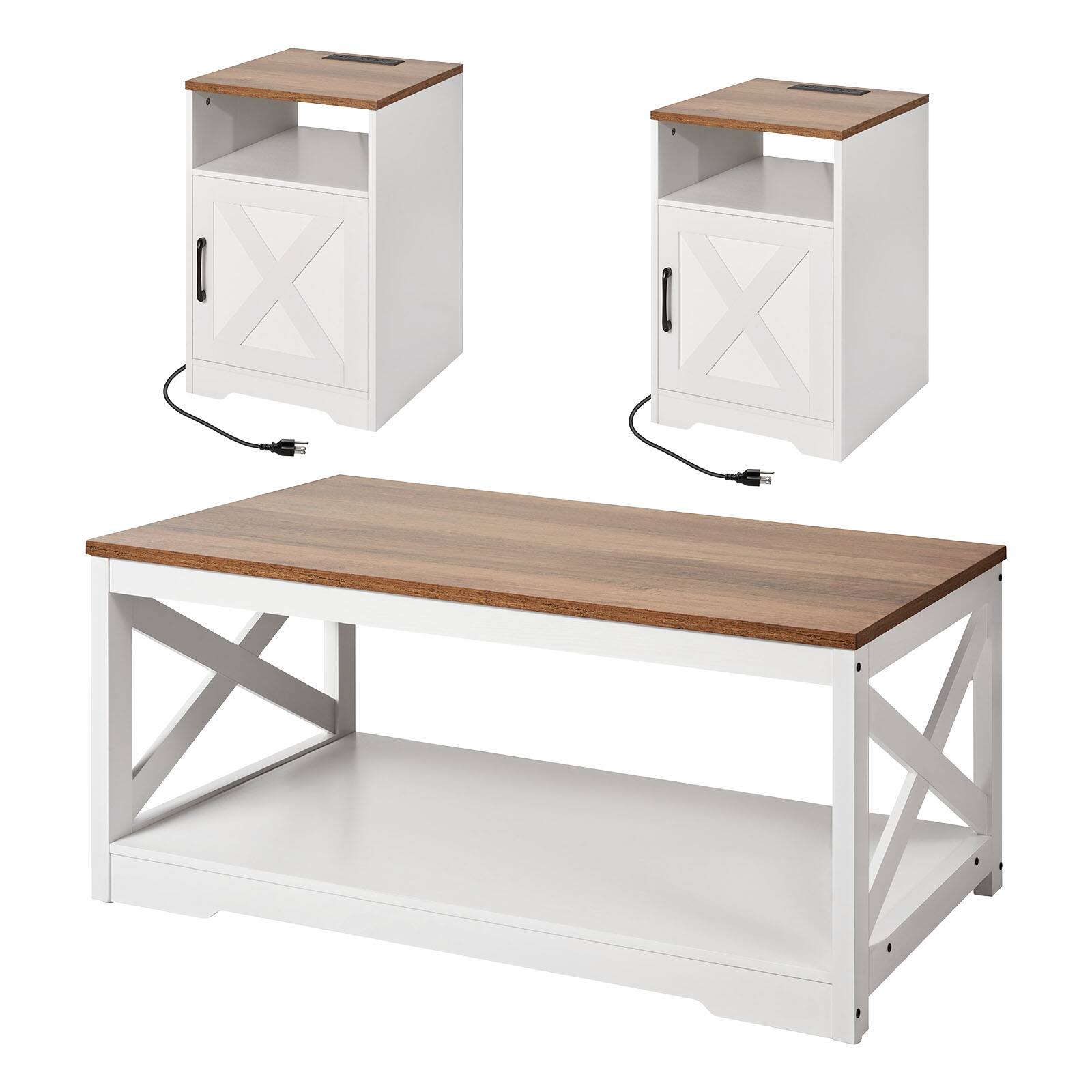 Alt View 5. VEVOR - 3 Pieces Farmhouse Coffee Table Sets, 40 in Industrial Coffee Table with 2 End Side Tables - White,Brown.