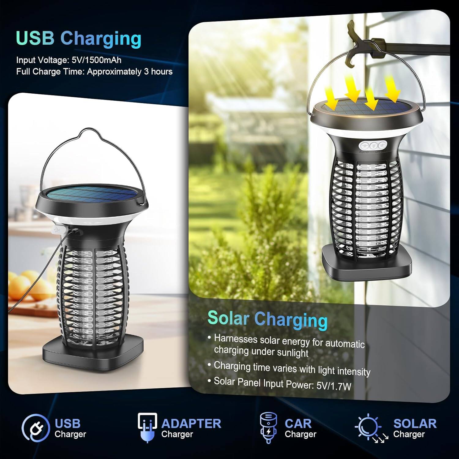 USB Charging  
Input Voltage: 5V/1500mAh  
Full Charge Time: Approximately 3 hours  

Solar Charging  
Harnesses solar energy for automatic charging under sunlight  
Charging time varies with light intensity  
Solar Panel Input Power: 5V/1.7W  

USB Charger  
ADAPTER Charger  
CAR Charger  
SOLAR Charger