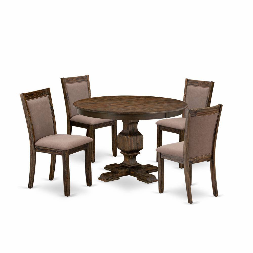 East West Furniture - 5-Pc Dining Set - Kitchen Pedestal Table and 4 Coffee Color Parson Padded Chairs with High Back - Multi-Color