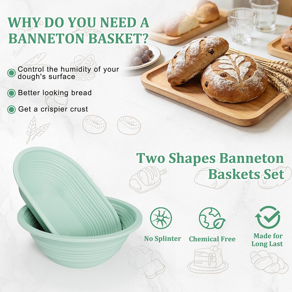 WHY DO YOU NEED A BANNETON BASKET?  
- Control the humidity of your dough's surface  
- Better looking bread  
- Get a crispier crust  

Two Shapes Banneton Baskets Set  
- No Splinter  
- Chemical Free  
- Made for Long Last