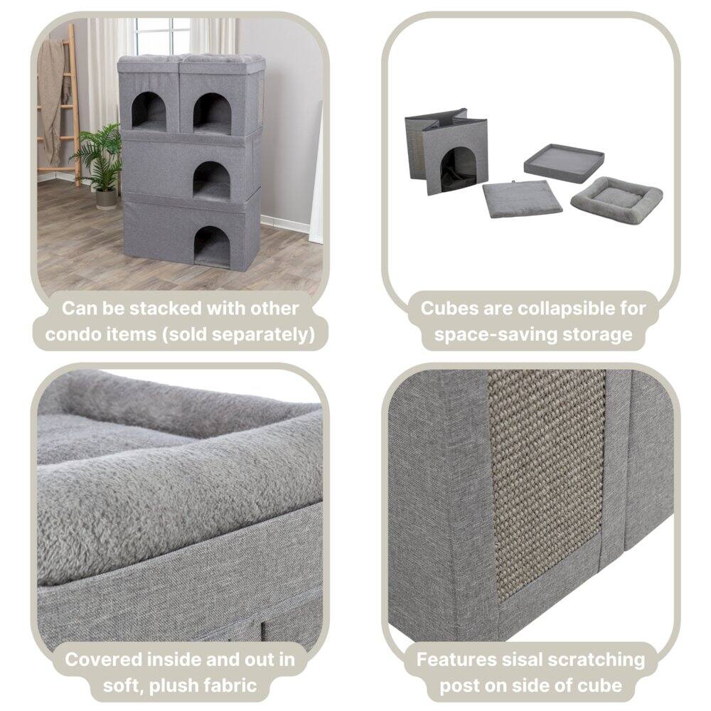 Can be stacked with other condo items (sold separately)  
Cubes are collapsible for space-saving storage  
Covered inside and out in soft, plush fabric  
Features sisal scratching post on side of cube