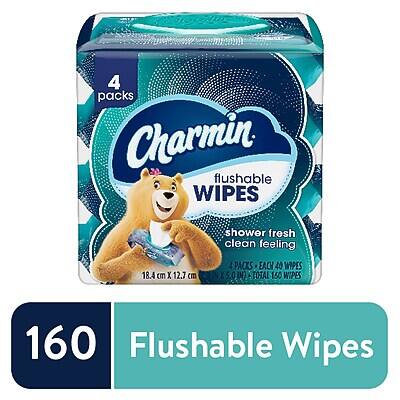 4 packs Charmin flushable wipes shower fresh clean feeling 18.4 cm x 12.7 cm 4 packs each 40 wipes x 5.0 160 flushable wipes