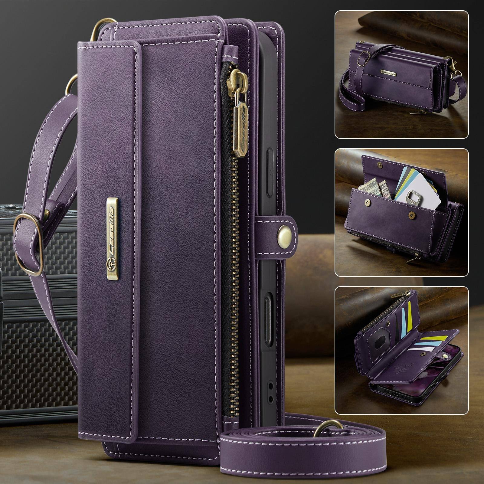 Alt View 4. UUCOVER - Folio Wallet Case for Apple iPhone 17 with RFID Blocking Card Slots Cash Holder, Zipper Pocket, Crossbody Strap, Stand - Purple.