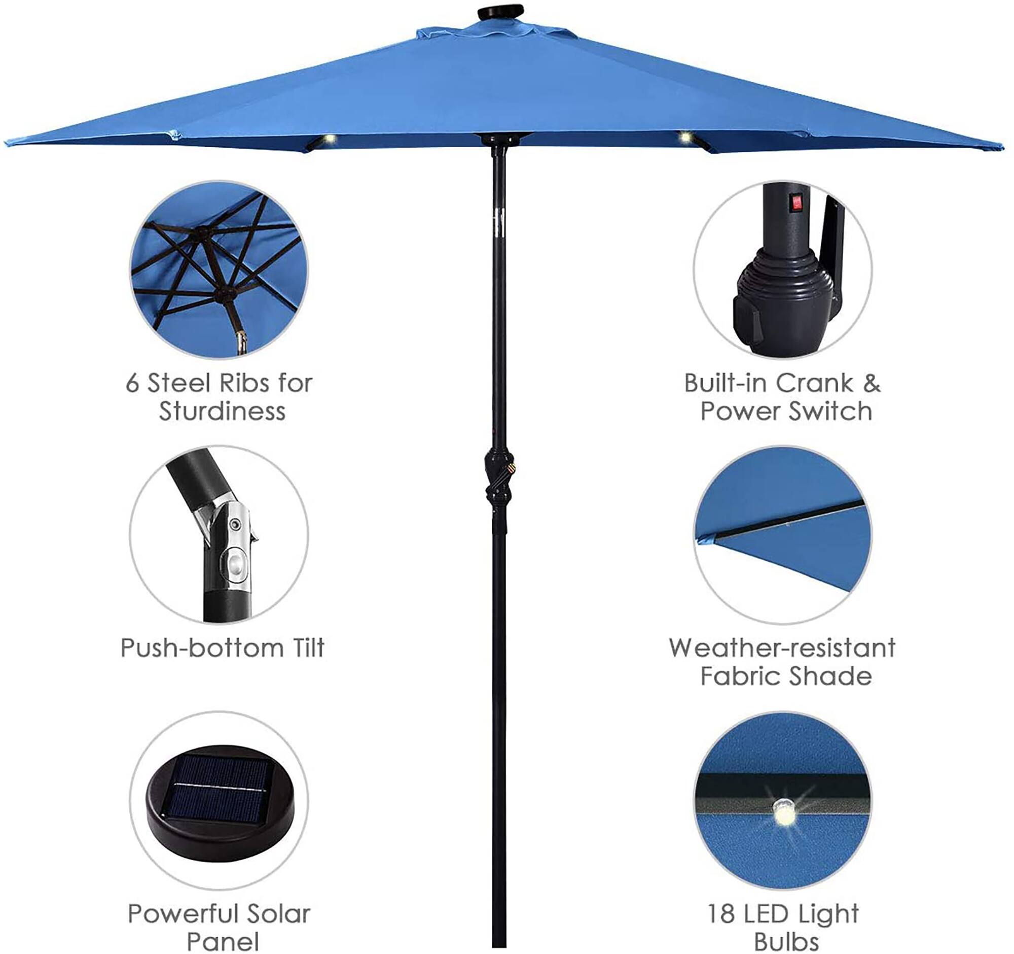 6 Steel Ribs for Sturdiness  
Built-in Crank & Power Switch  
Push-bottom Tilt  
Weather-resistant Fabric Shade  
Powerful Solar Panel  
18 LED Light Bulbs